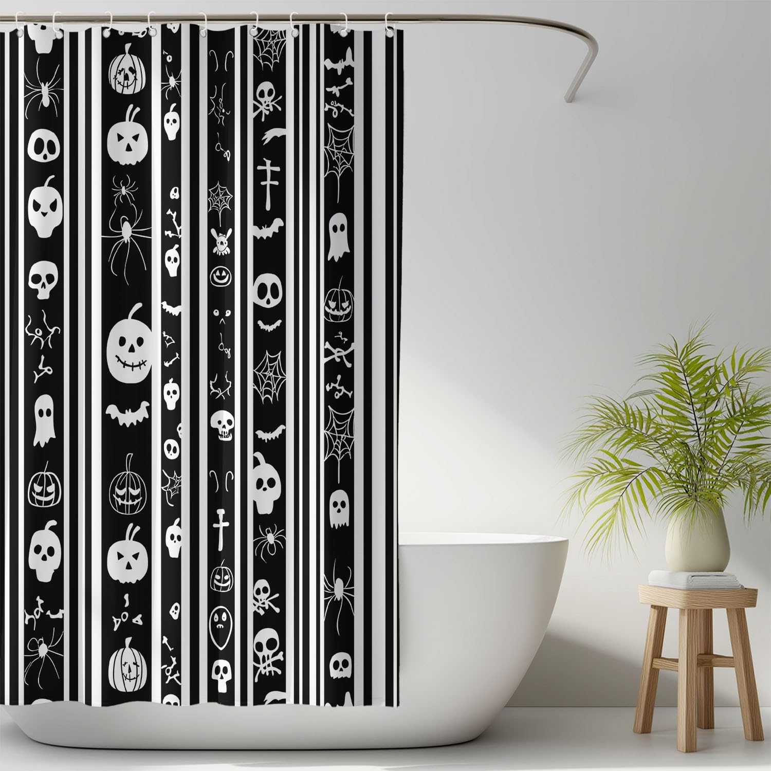 Generico Fantasia Tenda Da Doccia Silhouette Tema Halloween Nero Bianco, Tenda Da Doccia Per Bagno, Vasca Da Bagno, Tenda In Poliestere Impermeabile Con Ganci In Plastica, 180 x 200 cm