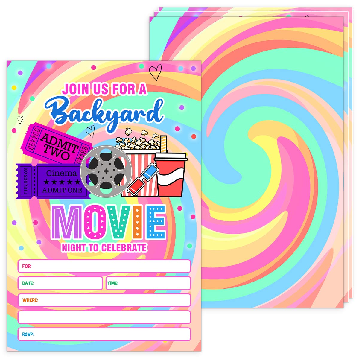 Backyard Movie Themed Invitations with Envelopes - (Pack of 20) - Perfect for Movie Theme Party, Hollywood Party, Red Carpet Party, Movie Night, Sweet 16, Movie Birthday Party Supplies