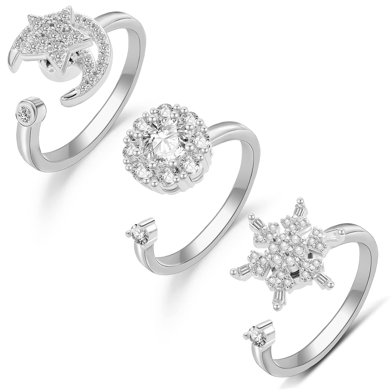 Senteria Fidget Anxiety Ring for Women Sunflower Spinner Ring Snowflake Moon Star CZ Butterfly Adjustable Open Fidget Band Cool Rings Spinner Rings for Anxiety Stress Relieving