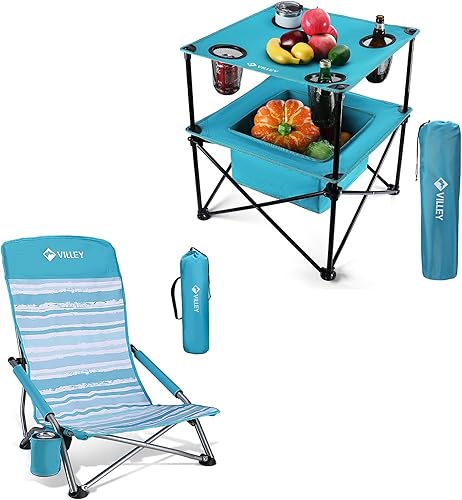 VILLEY Mesa de picnic portátil para acampar y silla de playa baja