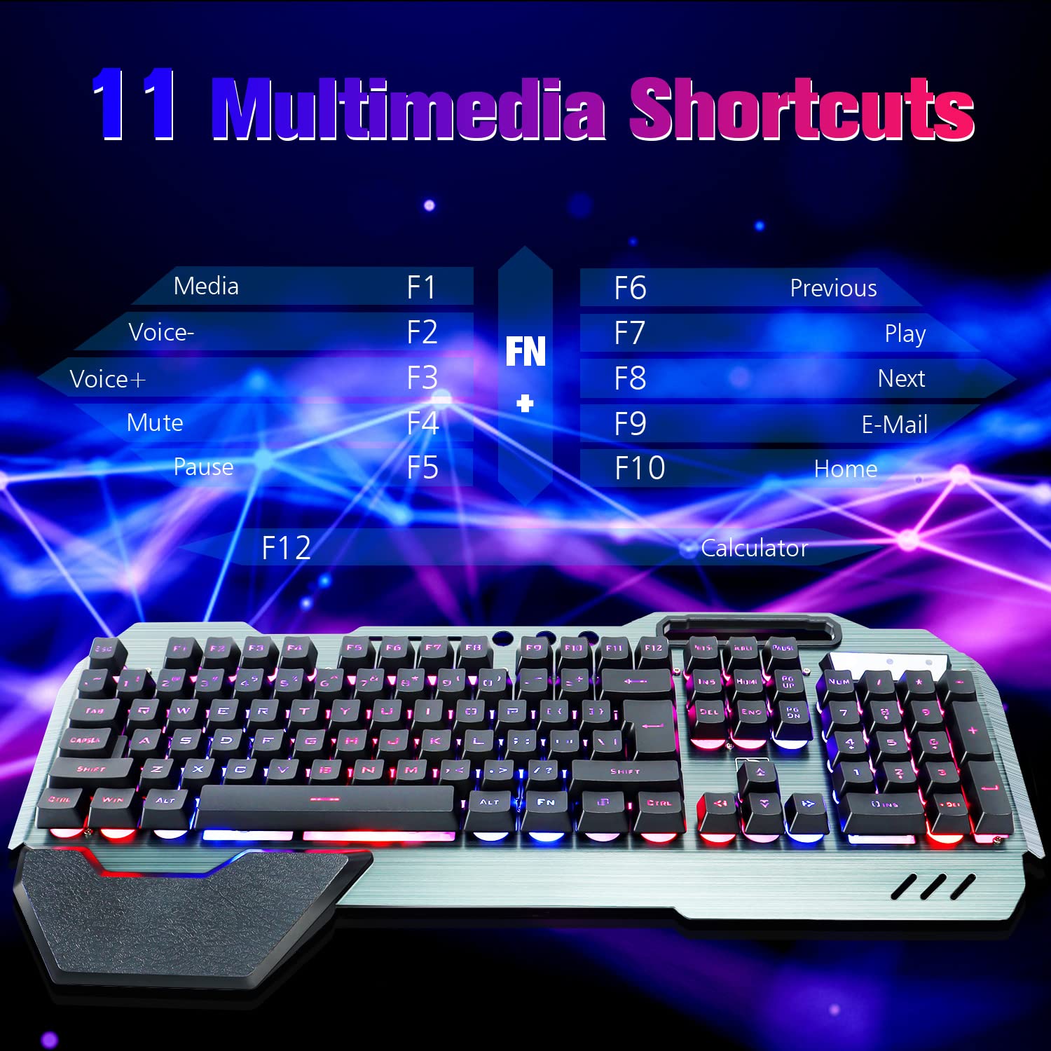 Gaming-Tastatur und Maus-Kombination, graue Metalllegierung,16 LEDs RGB-Hintergrundbeleuchtung, kabelgebunden USB-Tastatur mit Handgelenkauflage + 3200 DPI LED atmende Maus mit Hintergrundbeleuchtung
