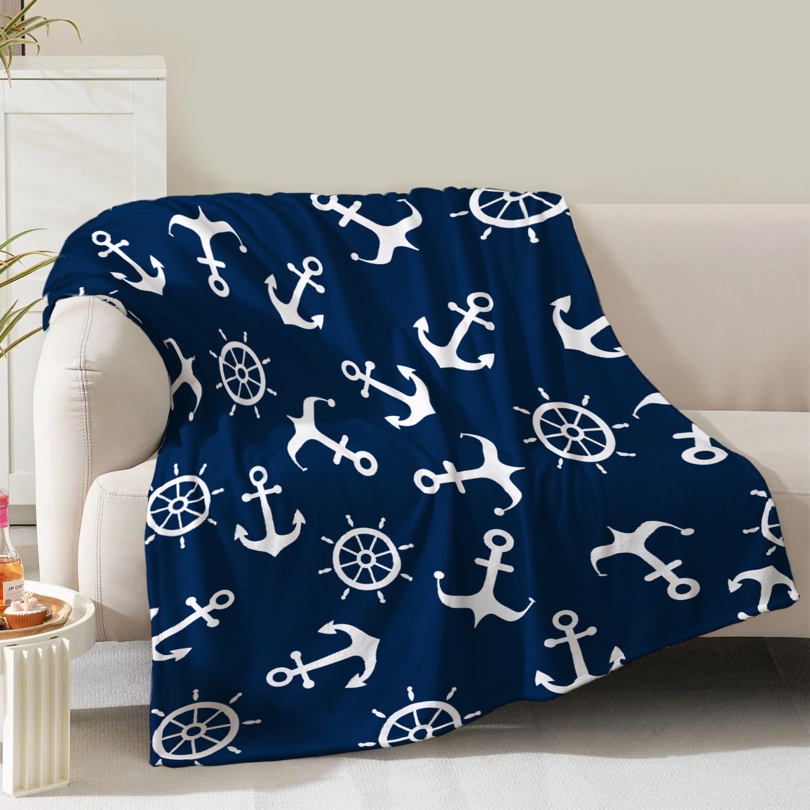 Nautical Anchor Blanket Gifts for Men Boys Dad Women Birthday Christmas Valentine Presents Sea Adventure Ocean Theme Decor Bedroom Living Room Couch Sofa Kids Adults Soft Cozy Throws Navy Blue 60"x80"