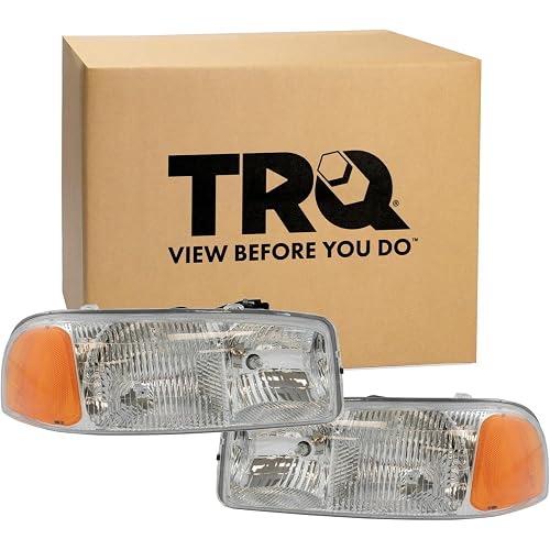 TRQ Driver and Passenger Side Headlight Assembly Set Halogen for 1999-2007 GMC Sierra 1500 2000-2006 Yukon 2000-2006 Yukon XL 1500 1999-2004 Sierra 2500HD 2001-2006 3500 XL 2500