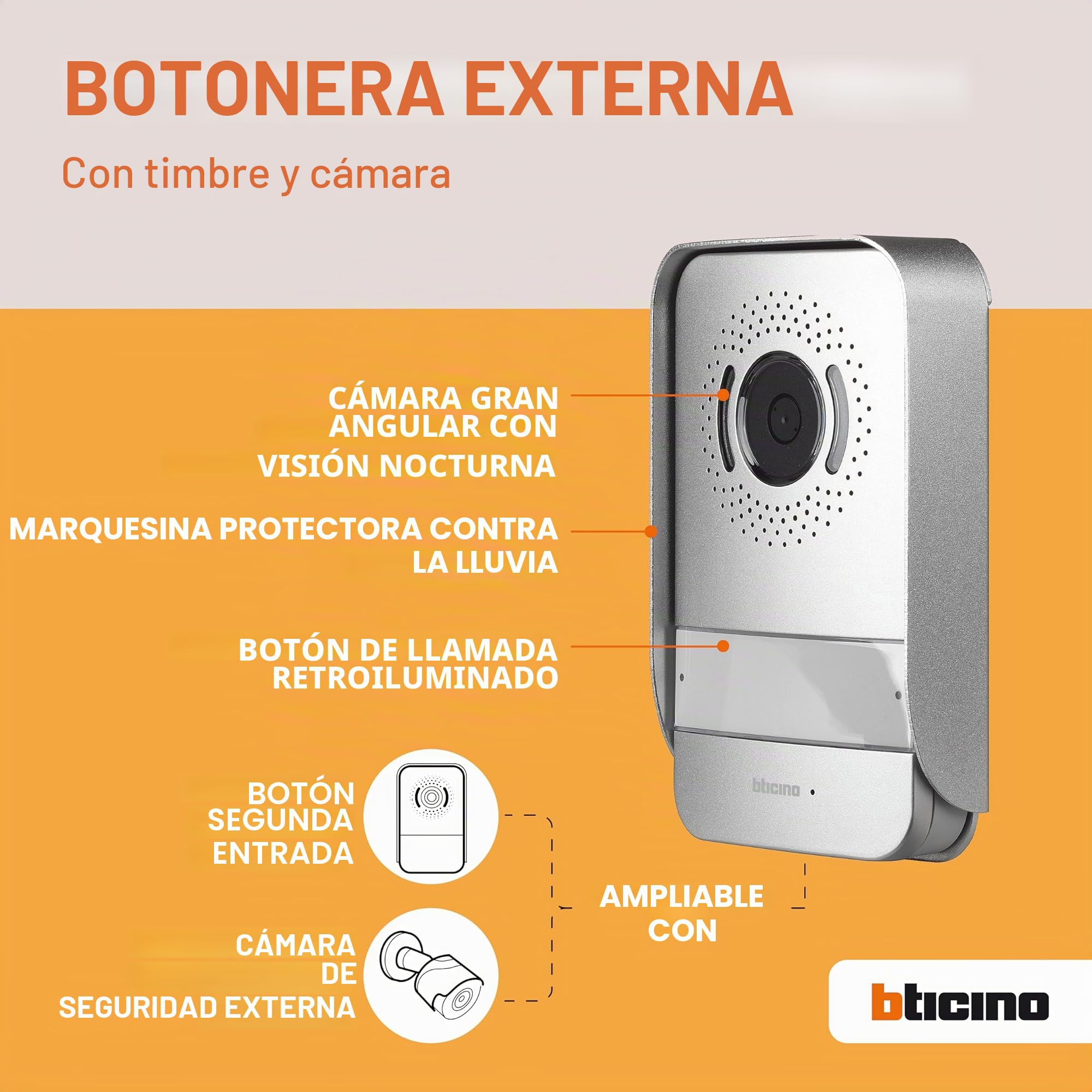 Bticino Easykit Plus 318913 - Videoportero monofamiliar Plug-In de 2 cables con: 1 botonera externa con timbre y cámara, 1 monitor interno de 7 pulgadas a color con manos libres, ampliable para