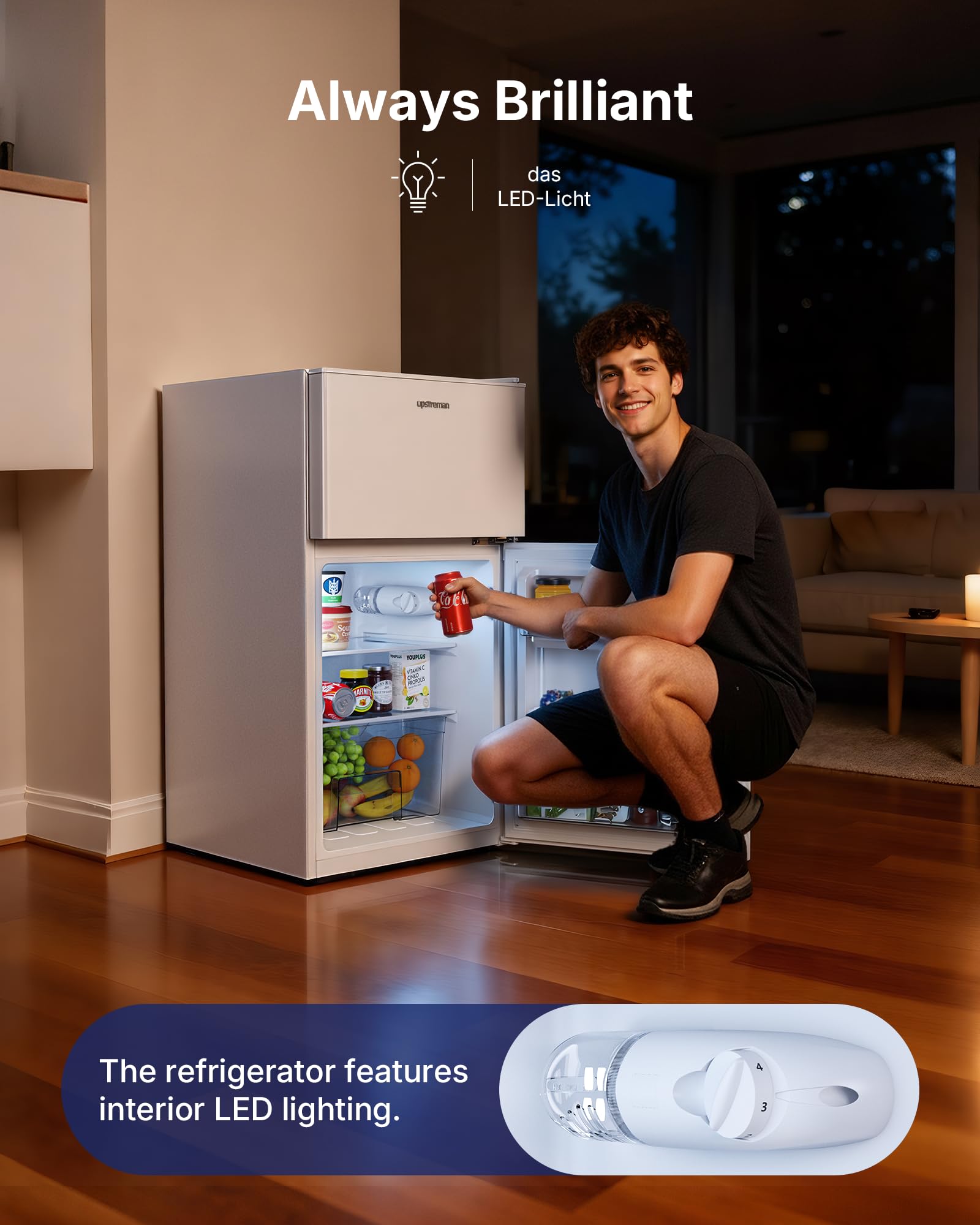 Upstreman 84L Under Counter Fridge Freezer, Small Refrigerator with Freezer, 39dB Quiet & LED Lighting, Freestanding Fridge with Reversible Doors, TM84 White — view 5