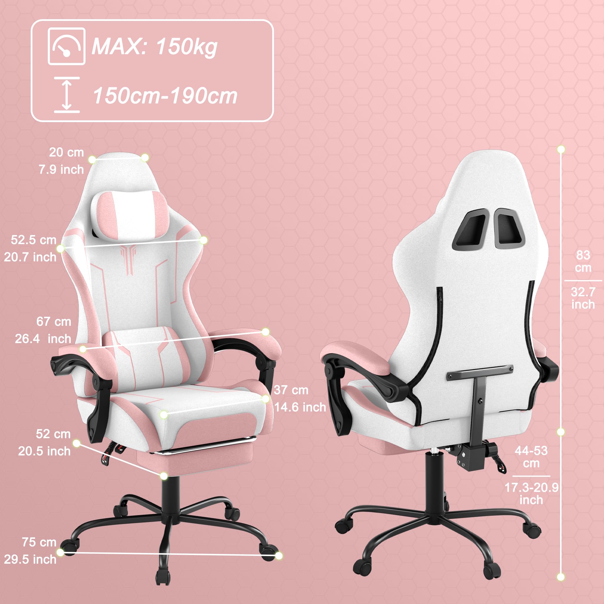 Chaise de jeu, avec massage vibrant et repose-pieds, fauteuil ergonomique pour esports, avec oreiller, accoudoirs, chaise de bureau, hauteur réglable jusqu'à 135 kg, rose