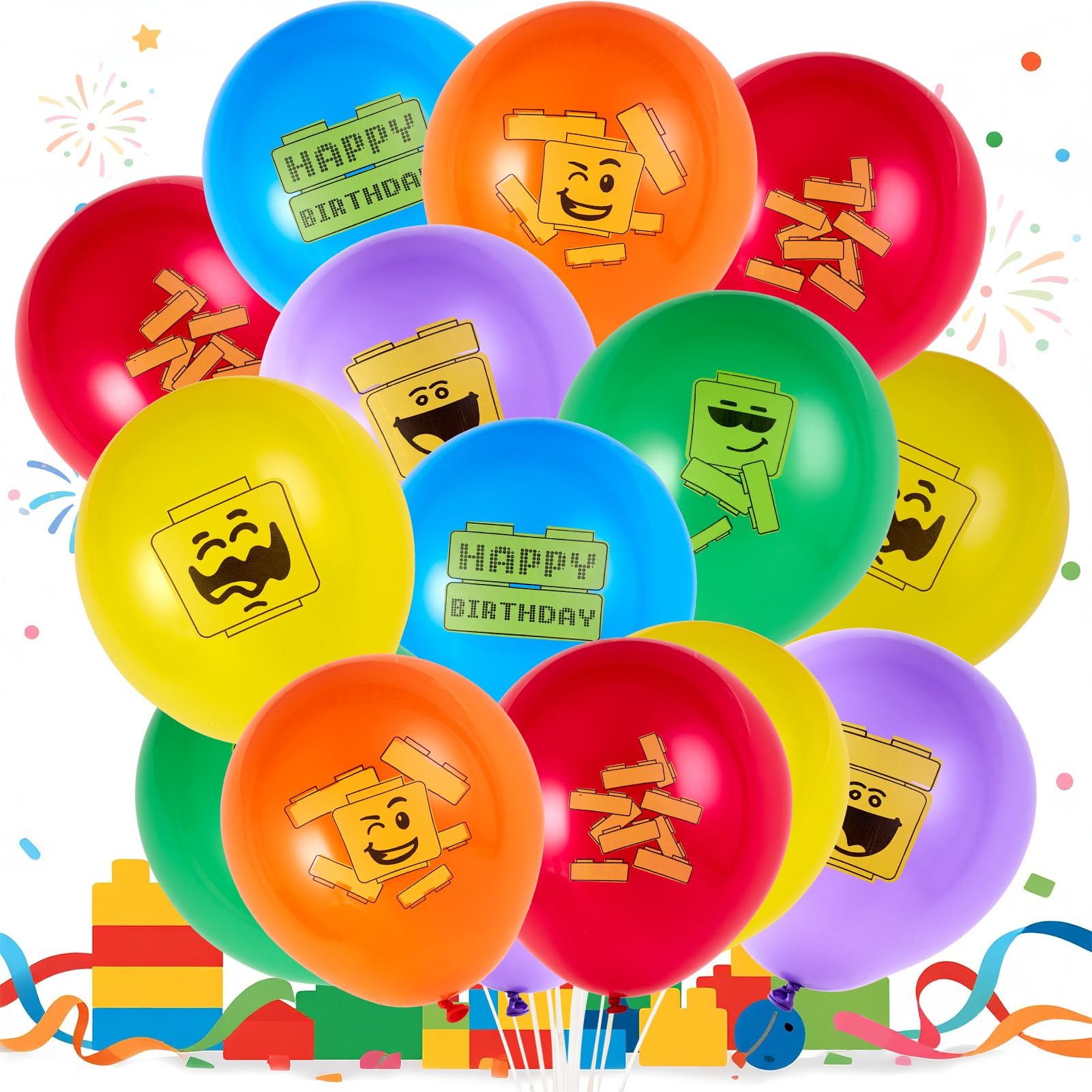 SUNBEAUTY 18 Pcs Building Block Party Balloons Brick Theme Kids Birthday Supplies Decorations Brick and Block Signs 6 Colors
