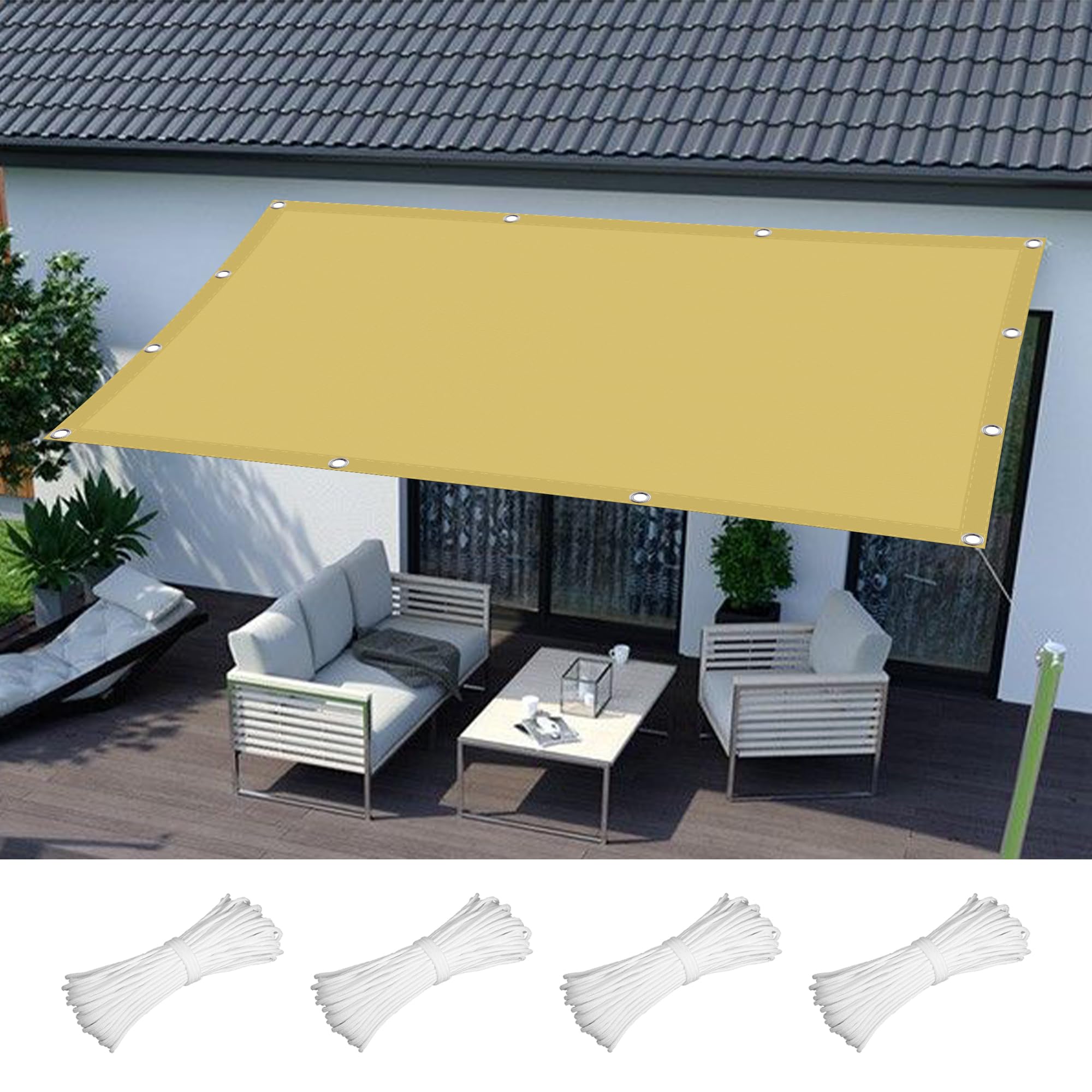 Voile d'ombrage anti UV imperméable jaune sable avec cordes et œillets de fixation