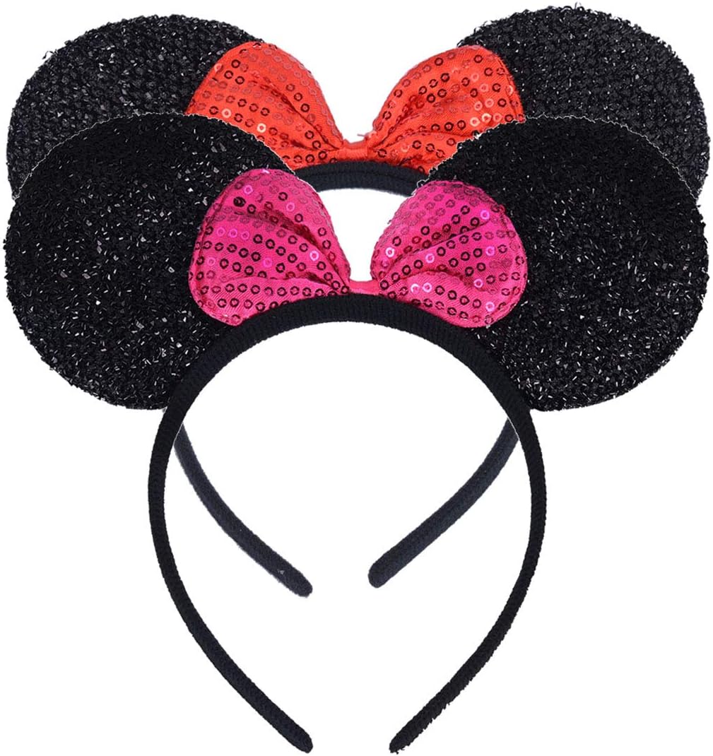 Set of 2 Mouse Ears Headband for Parties and Trips (Black Red Rose Sequin)