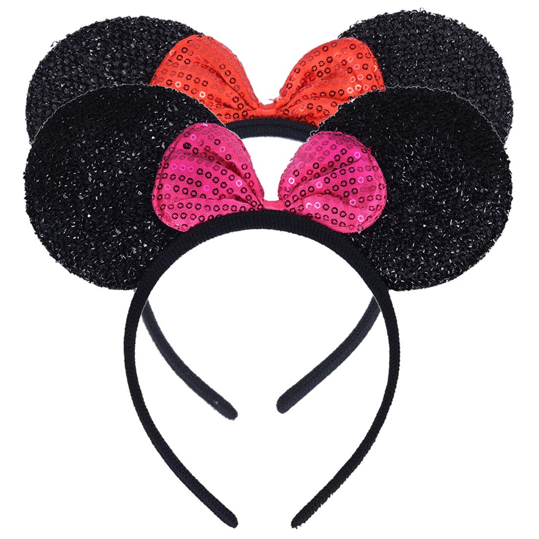 Set of 2 Mouse Ears Headband for Parties and Trips (Black Red Rose Sequin)