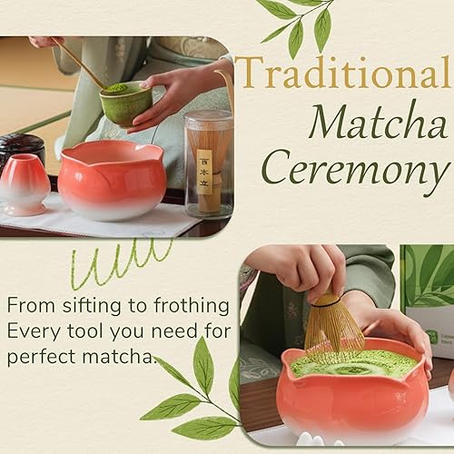 Miniatura 4 de Juego de 8 cuencos de pétalos rojos con boquilla, cuchara de tamiz Chasen de bambú, soporte para batidor, paño de té, kit completo de fabricación de