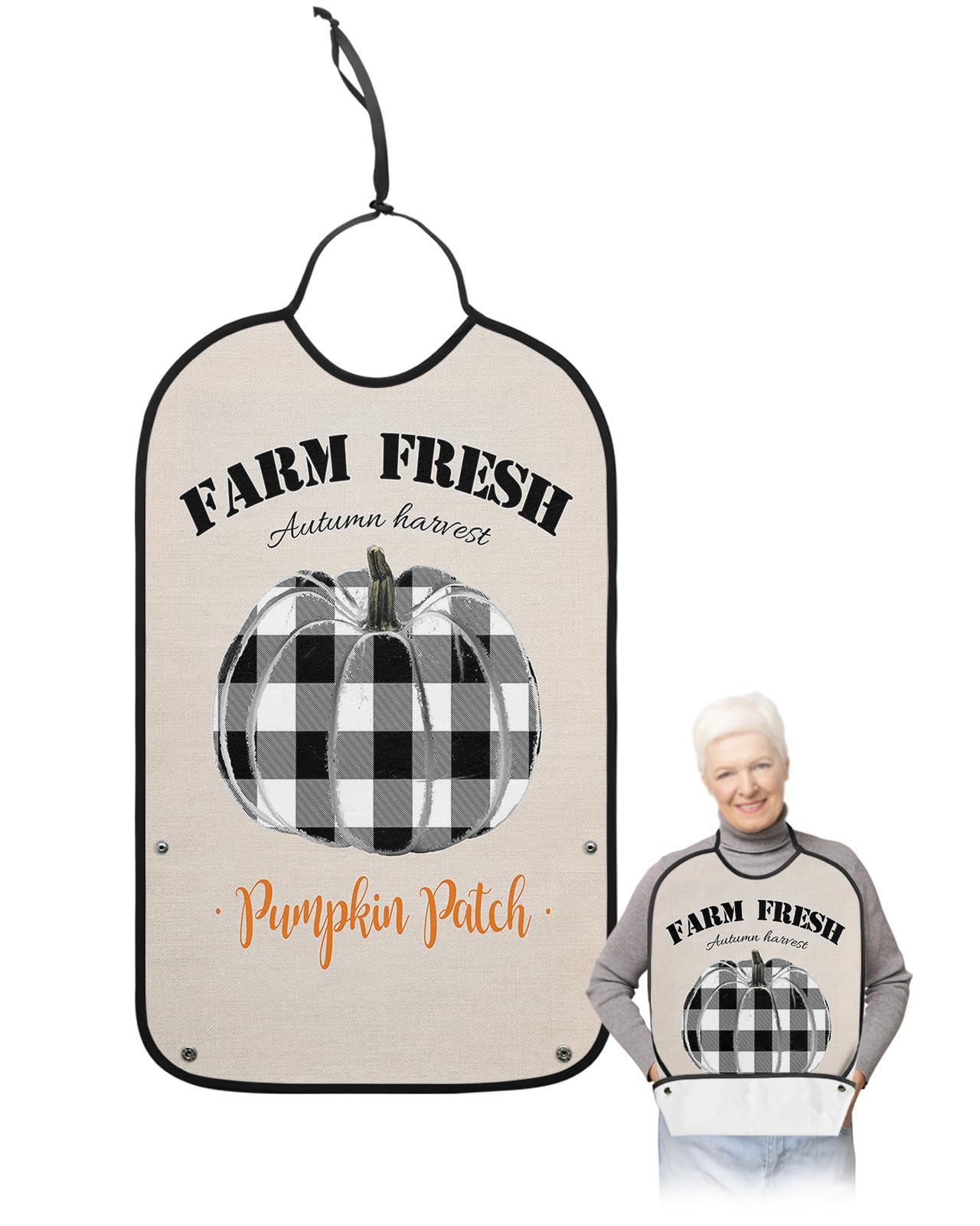Thanksgiving Adult Bibs for Eating, Waterproof Bibs with Food Catcher & Adjustable Snap Closure, Farmhouse Black White Plaid Pumpkin Washable Clothing Protectors Adult Bibs for Elderly Women/Men