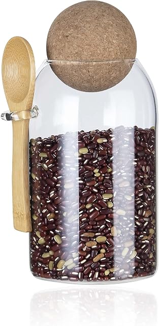 ORNAMI Clear Glass Storage Jar with Cork Ball, Mason Canister with Spherical Lid and Spoon (0.8L)