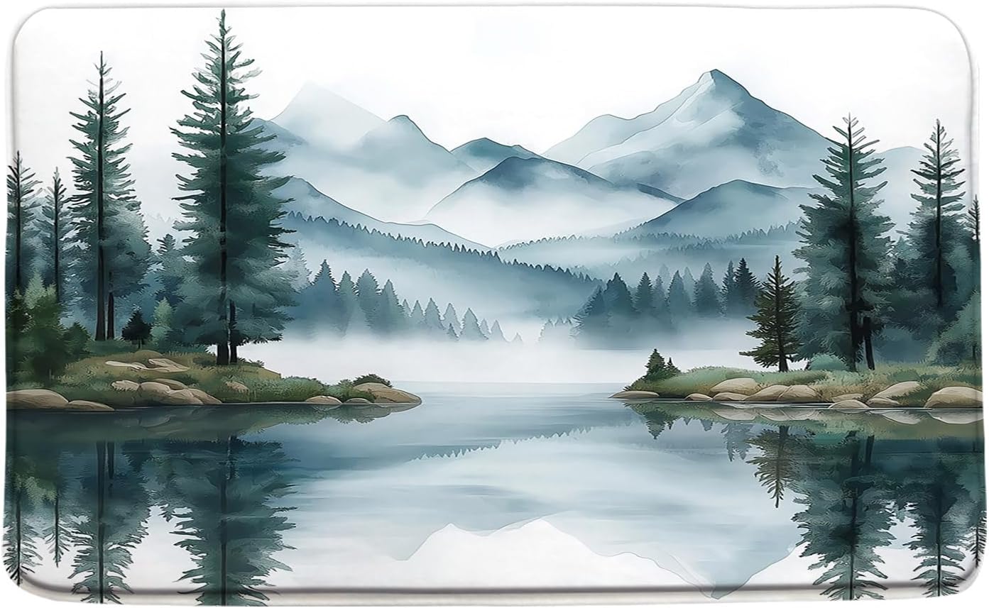 Green Misty Forest Mountain Bath Mat,Watercolor Pine Tree Lake Landscape Foggy Nature Magic Abstract Jungle Bathroom Kitchen Memory Foam Rug，24x60 Inch