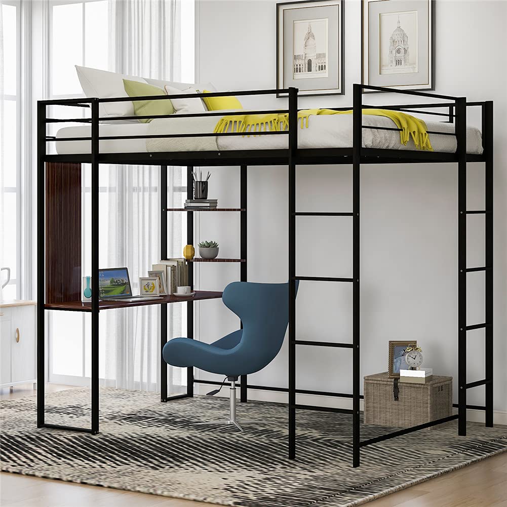 Full Size Loft Bed with Desk and Shelves, Metal Bed Frame with Ladders