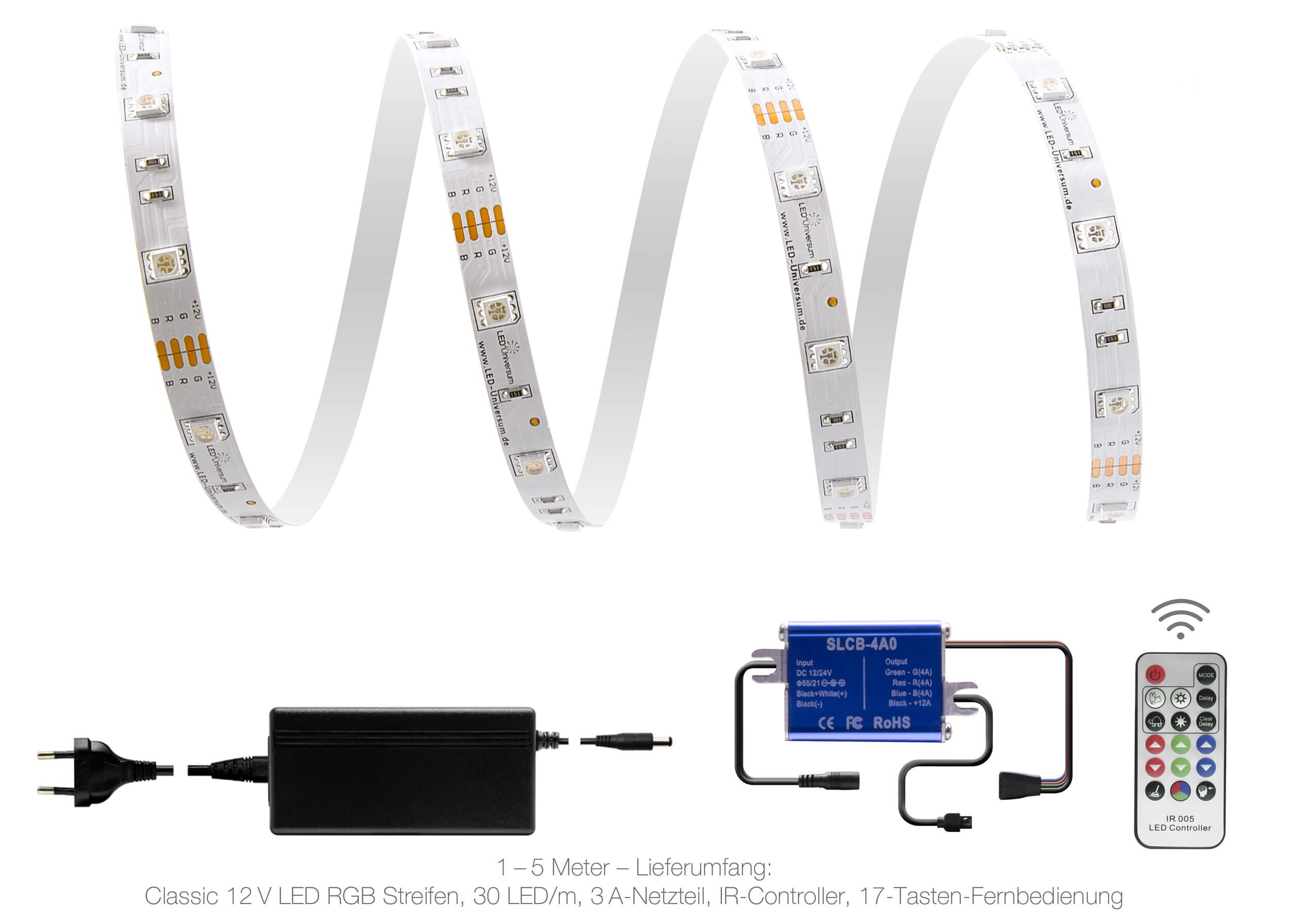 4 m RGB Tira LED Set (30 LED/M, IP20, con controlador) 17 teclas Mando a distancia y fuente de alimentación de 3 a