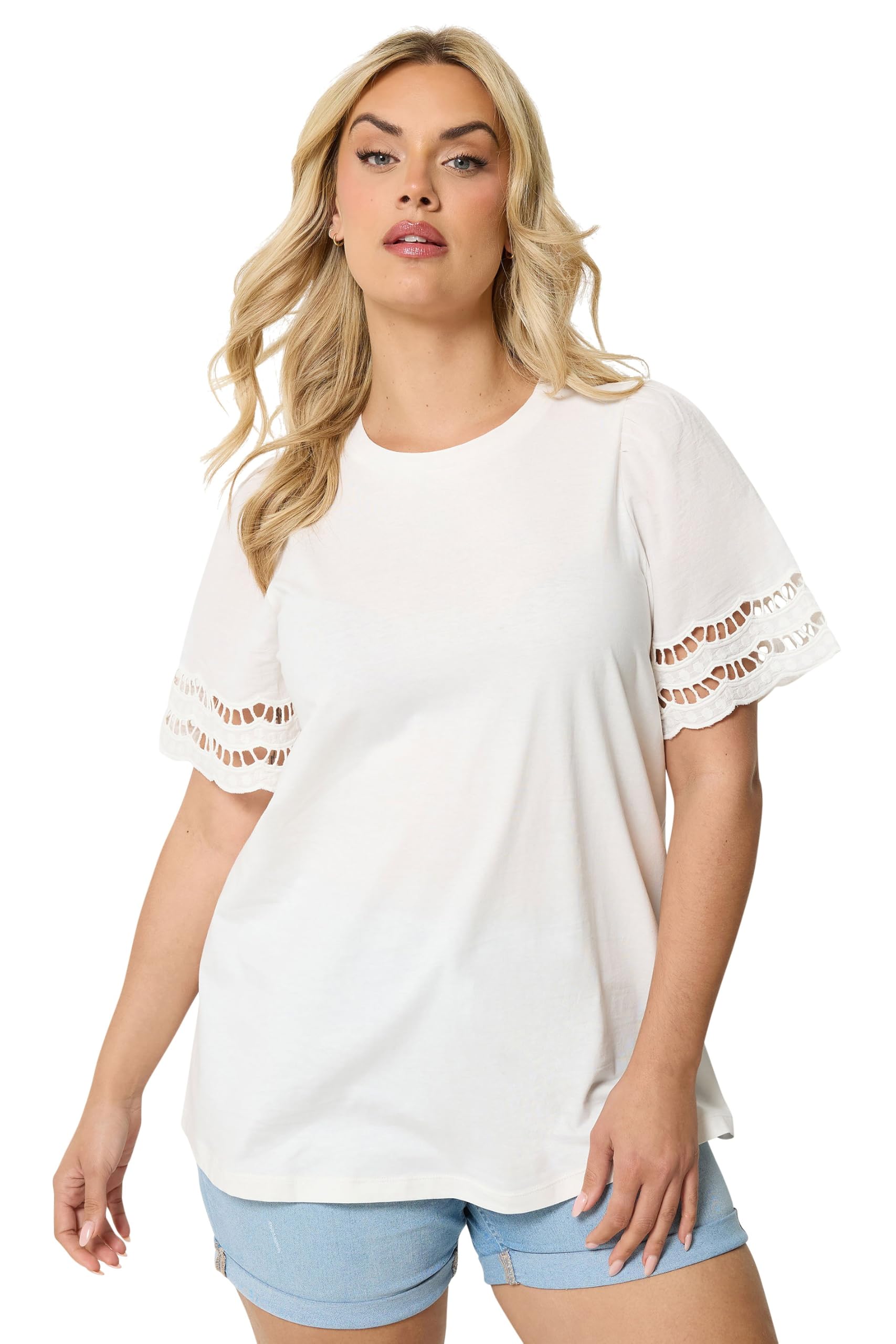 Yours Women's White Broderie Anglaise Angel Sleeve T-Shirt In | : Size 20