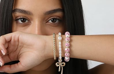 Trendy Gold Bracelets for Women- Bow Charm Stretch Beaded Bracelet, Christmas Romantic Jewelry - Ideal Gifts