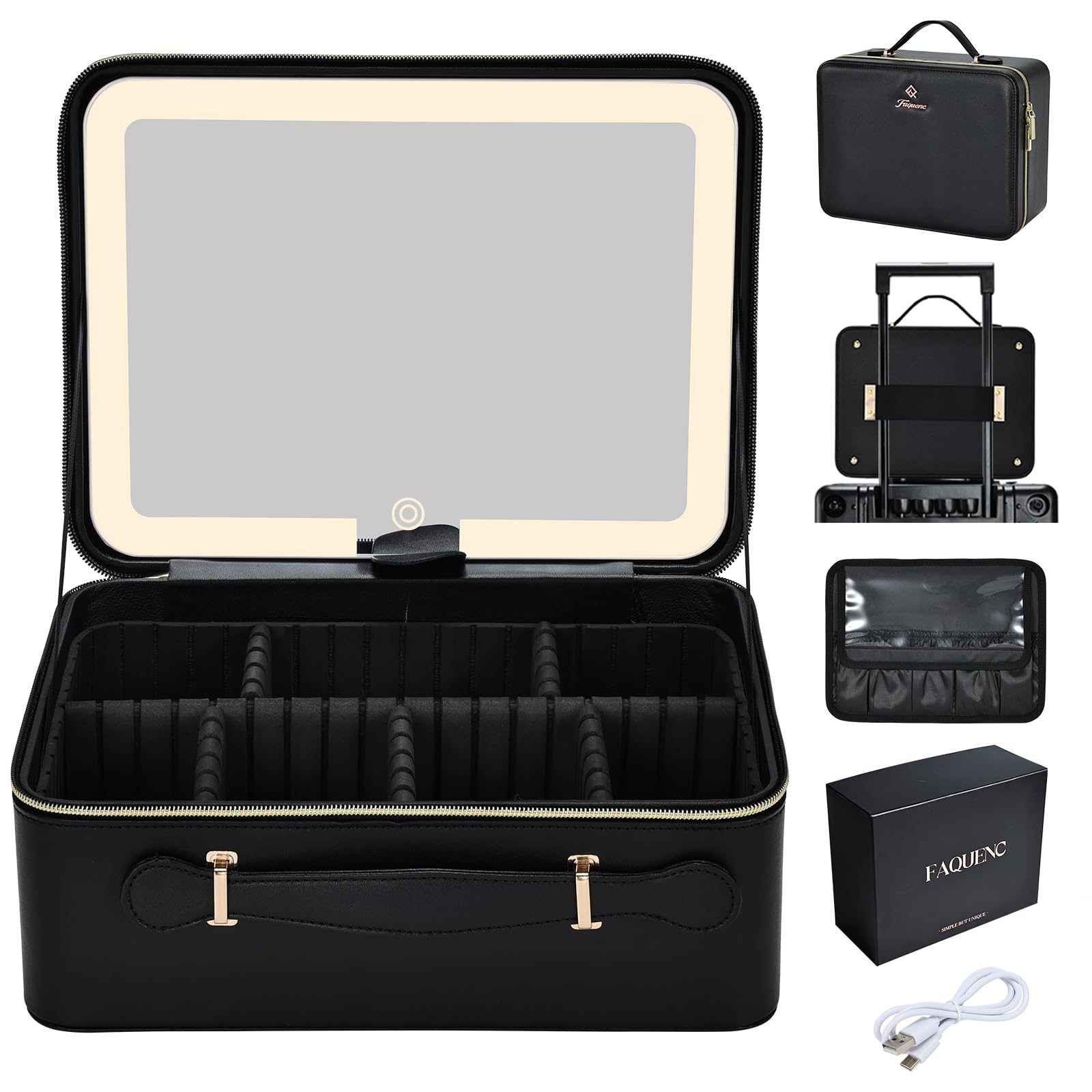 Grande custodia per trucco con specchio a LED Vanity Case rimovibile con specchio luminoso in pelle PU portatile Makeup Artist Carry Vanity Box con divisori porta pennelli da trucco, nero