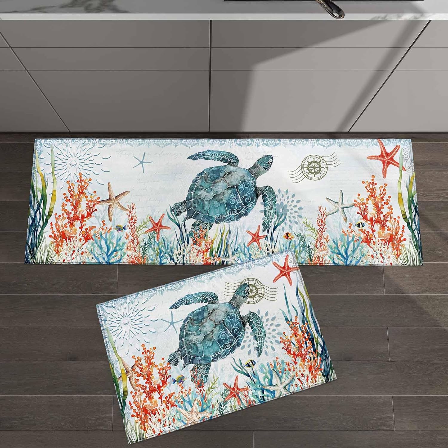 2 Pieces Kitchen Rugs and Mats,Coastal Ocean Turtle Coral Starfish Area Runner Rug Set Non Slip Floor Doormat Washable Carpet Standing Mat for Kitchen Sink Indoor Corridor,Light Blue Marine Compass