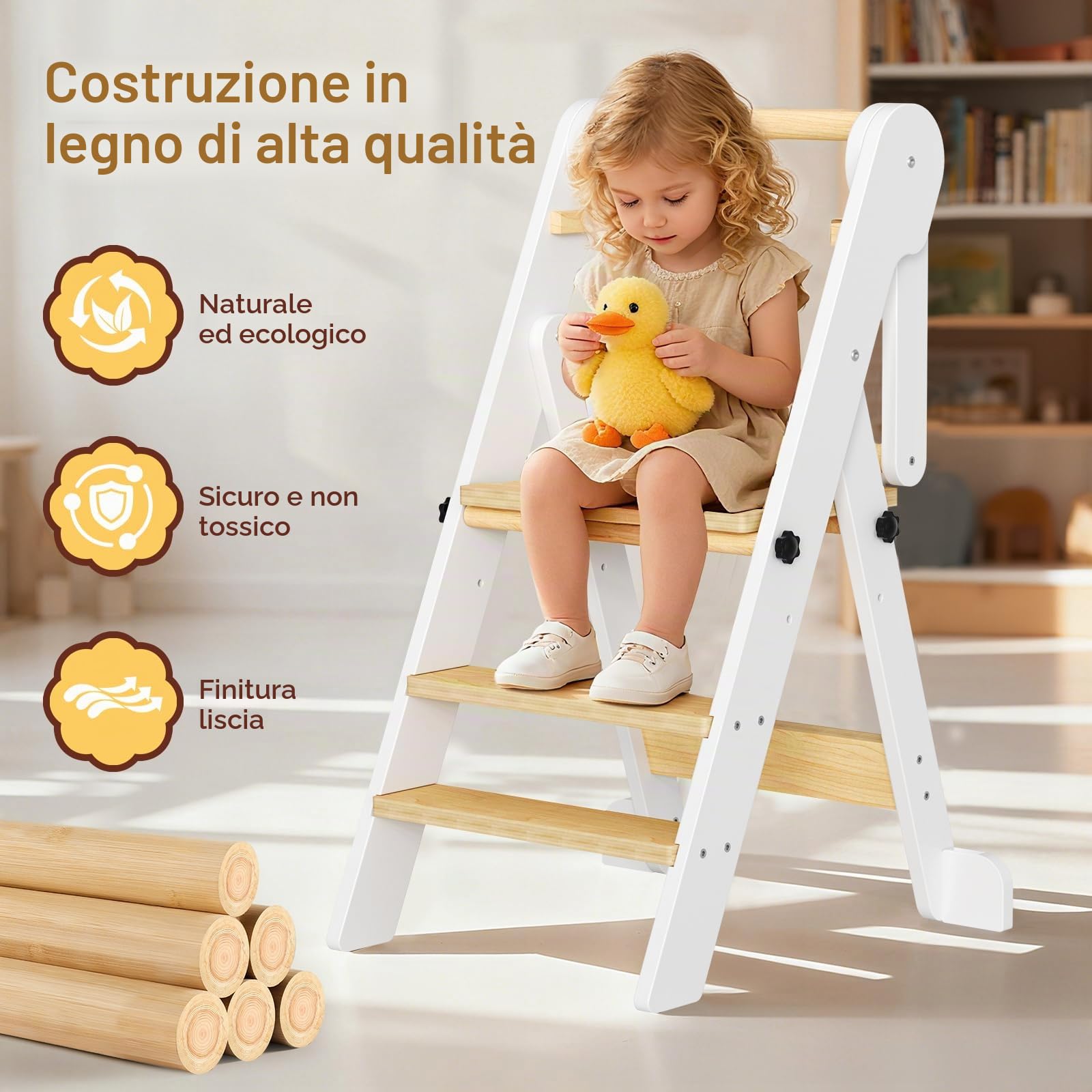Torre di Apprendimento Pieghevole per Bambini con borsa a rete,2 Altezze Regolabili,Torre Montessoriana di Apprendimento da 1 a 6 Anni per Bambini Montessori Learning