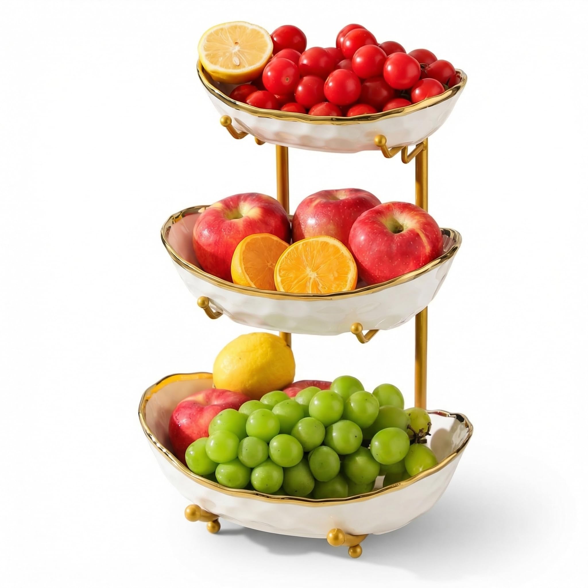 Simcat 3 Tier Fruit Bowl with Electroplated Ceramic Bowls and Metal Stand for Kitchen, Living Room Countertop, Fruit and Snack Display Holder for Fruits, Cakes, Bread (White)