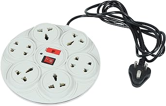 8+1 Round Strip Extension Cord 6 A 8 Universal Socket Multi Plug Point Extension Board with LED Indicator and Switch (Cable Length: 2.0 Meter, 230Volt,Cream)
