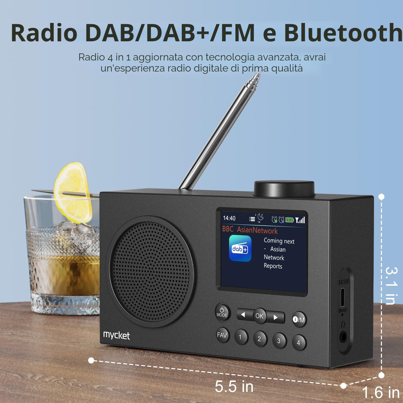 Mycket Portatile DAB/DAB+ Radio, FM Digital Radios con 2025 Tecnologia del Ricevitore Signal più Recente, Radio Ricaricabile con Bluetooth 5.0,Doppia Sveglia, 40 Preimpostazione, 2,4" Colori Display