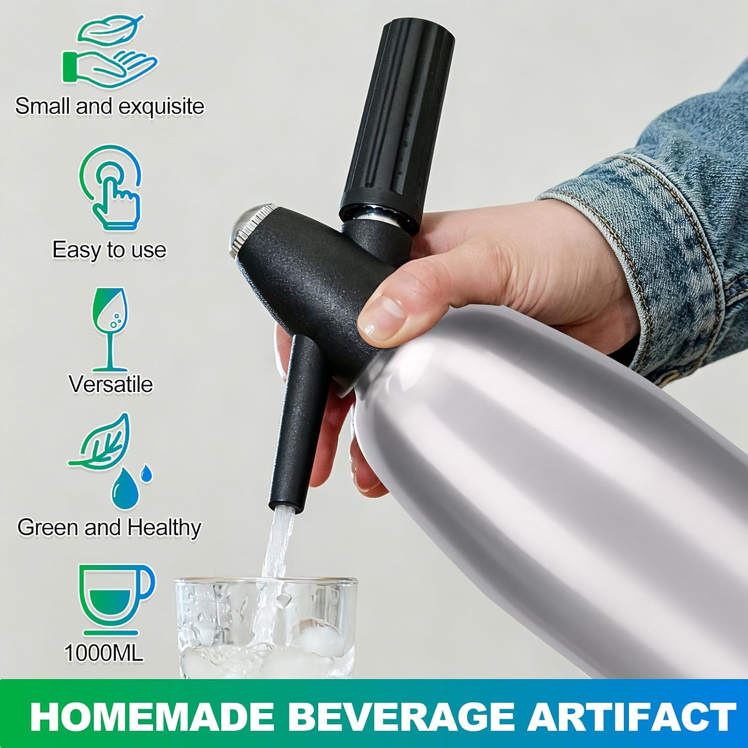 Soda Siphon, 1L Portable Seltzer Maker - Retro-Style Sparkling Water Machine for Homemade Carbonated Drinks, Juices & Cocktails, Uses 8g CO2 Cartridges (Cartridges Not Included) - Silver