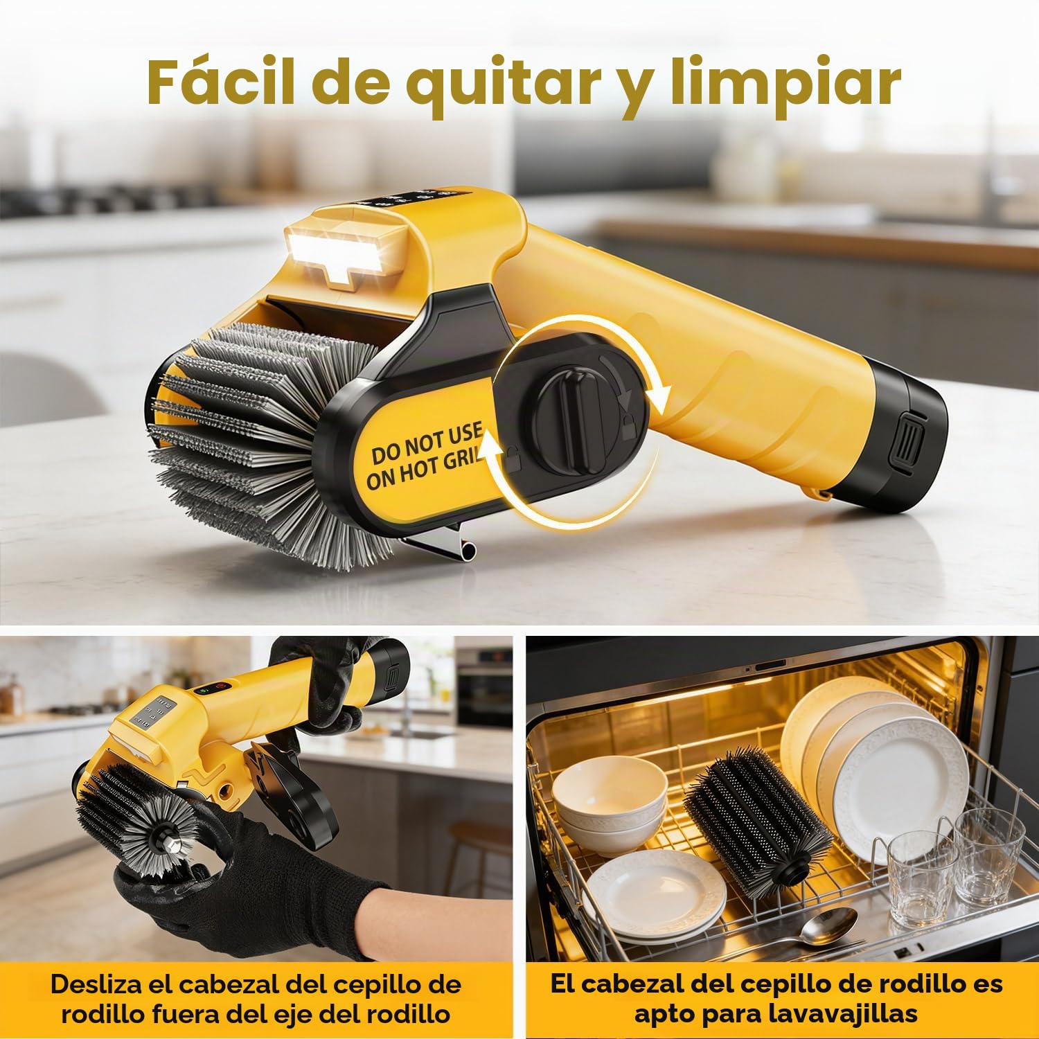 Qimedo Cepillo de Limpieza Eléctrico para Parrilla con Luz LED, 800 RPM, Cerdas de Acero Inoxidable, Cepillo Potente, Inalámbrico, para BBQ, Rejilla de Hierro Fundido, Parrilla de Gas y Eléctrica