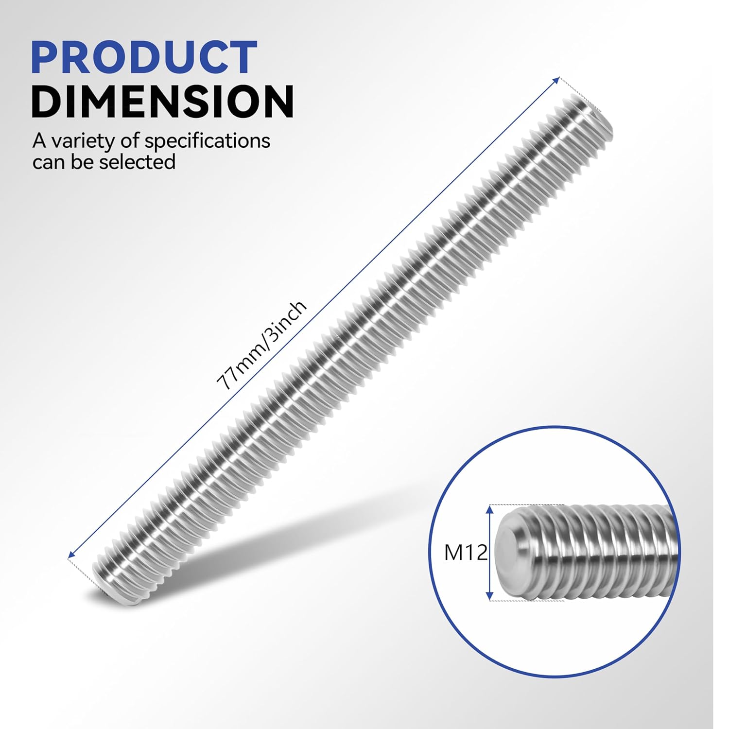 12 Pcs 304 Stainless Steel M12 Fully Threaded Rod,3"(77mm) Threaded Rod,Right Hand Threads，with Nuts (12, M12x77mm)