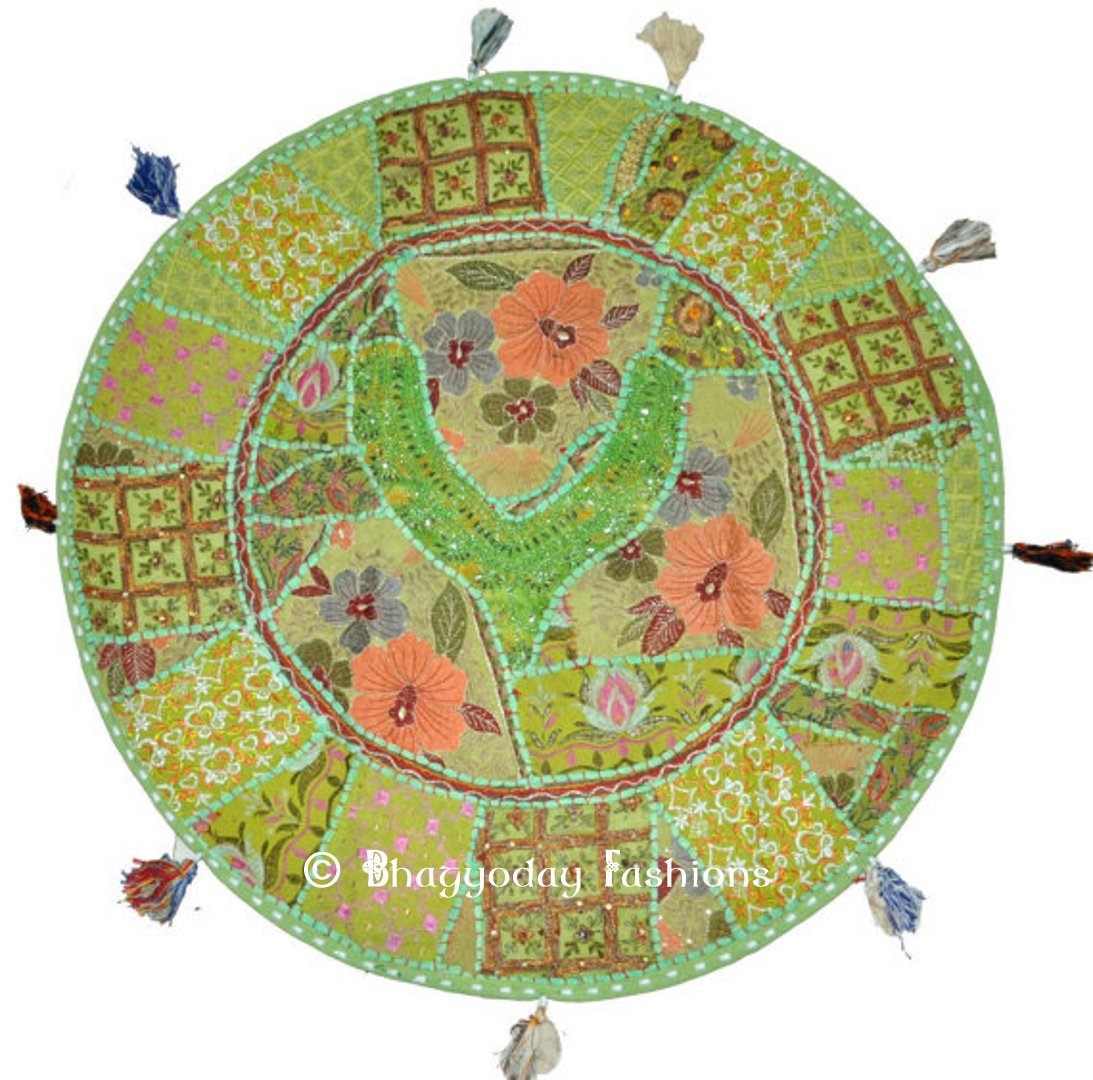 BhagyodayFashionsIndian Patchwork Ottaman Cover, Home Decorative Pouf Cover, Handmade Patchwork Foot Stool Floor Cushion Cover Living Room Pouffe Cover Embroidered Cotton Pillow Cover, Round Pouf, Vintage Chair Cover Ethnic Decor Art, 18 Inch. By Bhagyoday