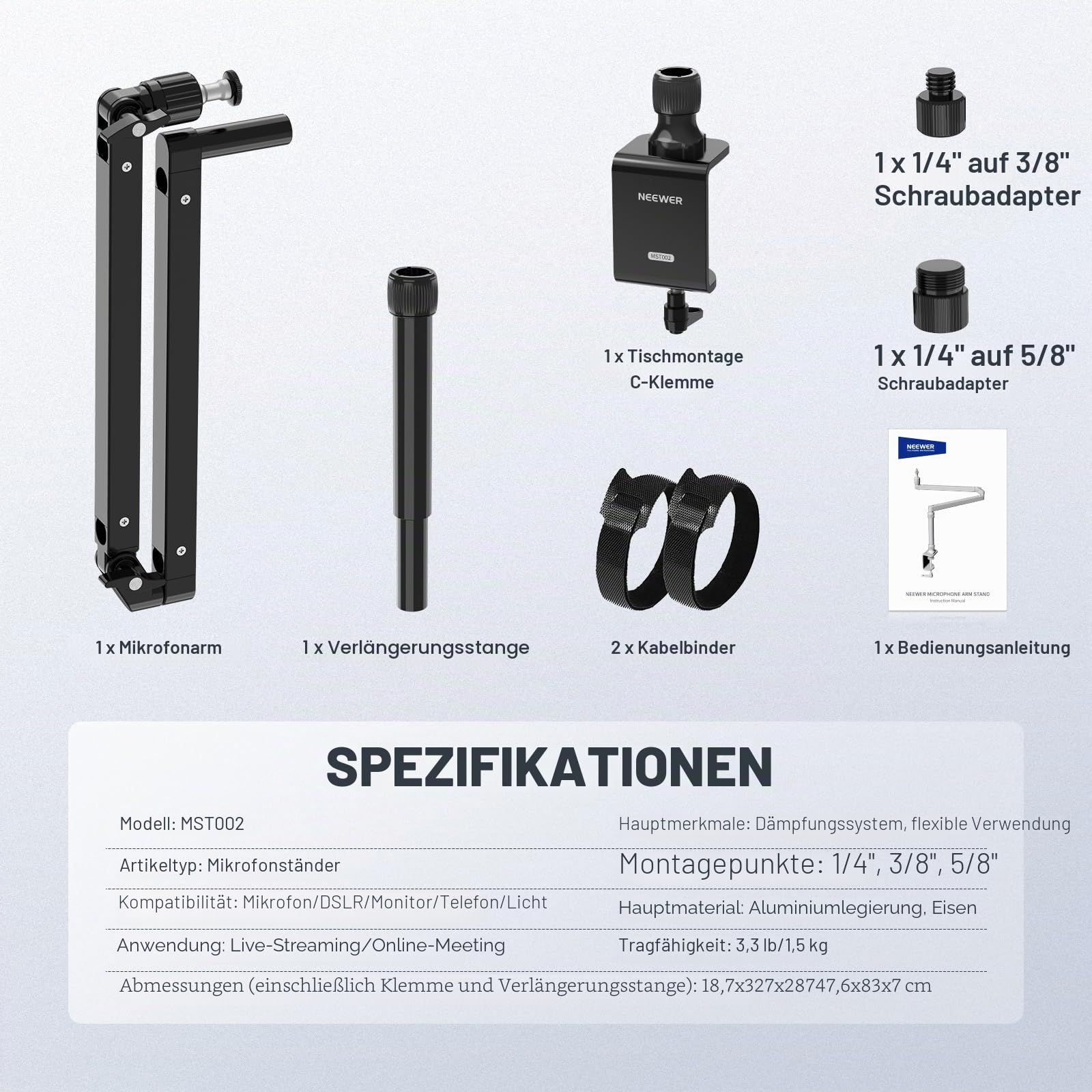 NEEWER Mikrofonarm Ständer, Niedriges Profil Mic Arm Tischhalterung mit Dämpfung, 360° drehbarer Boom Arm mit erhöhter Stange und Kabelmanagement Kanälen, für Podcast Gaming Streaming Anrufe, MST002