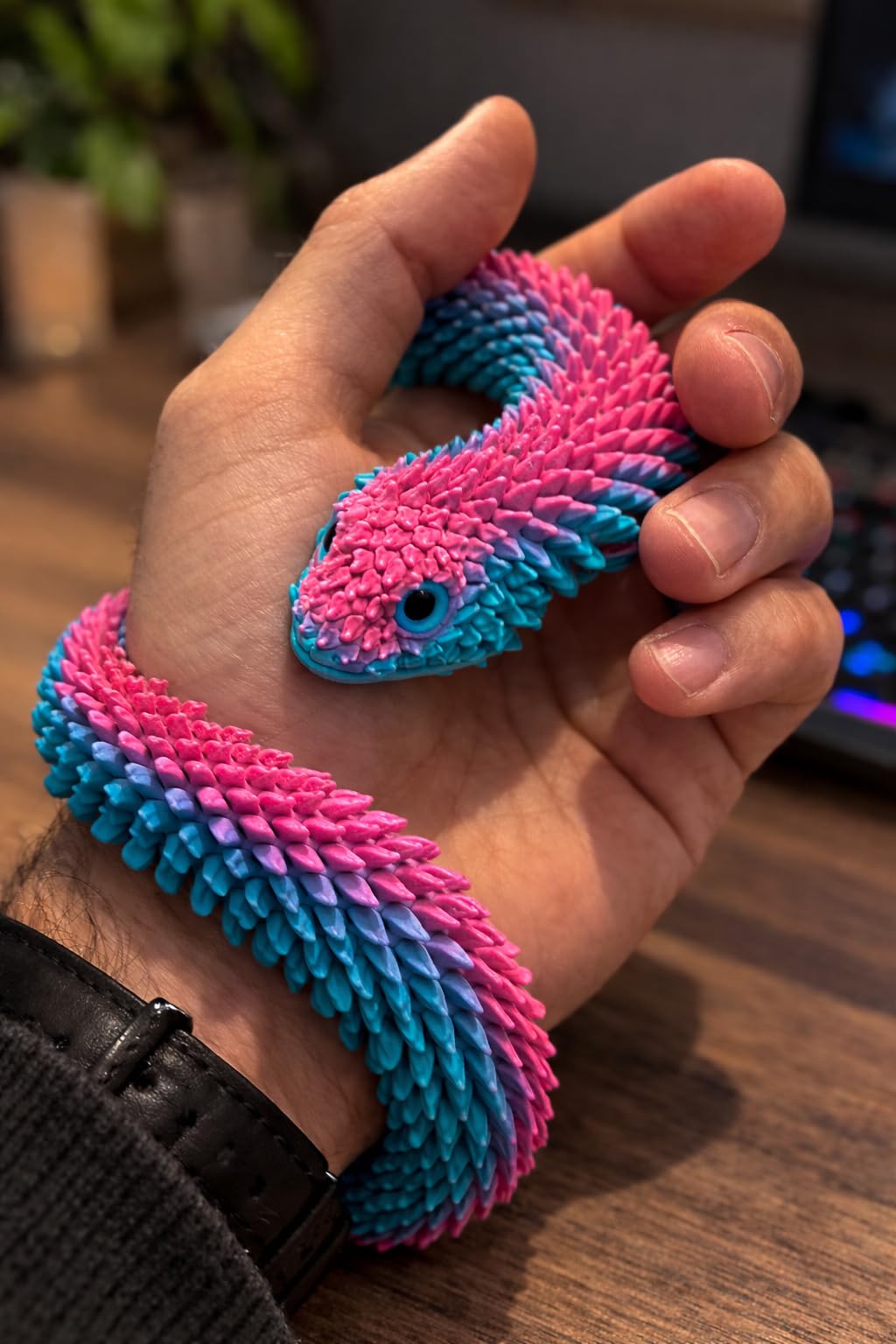 Articulated Crystal Snake – 3D Printed Flexible Snake Figurine, 58 cm (23 in) Poseable Serpent with Movable Mouth, Realistic Eyes, Fantasy Desk Decor (Rainbow) - 3