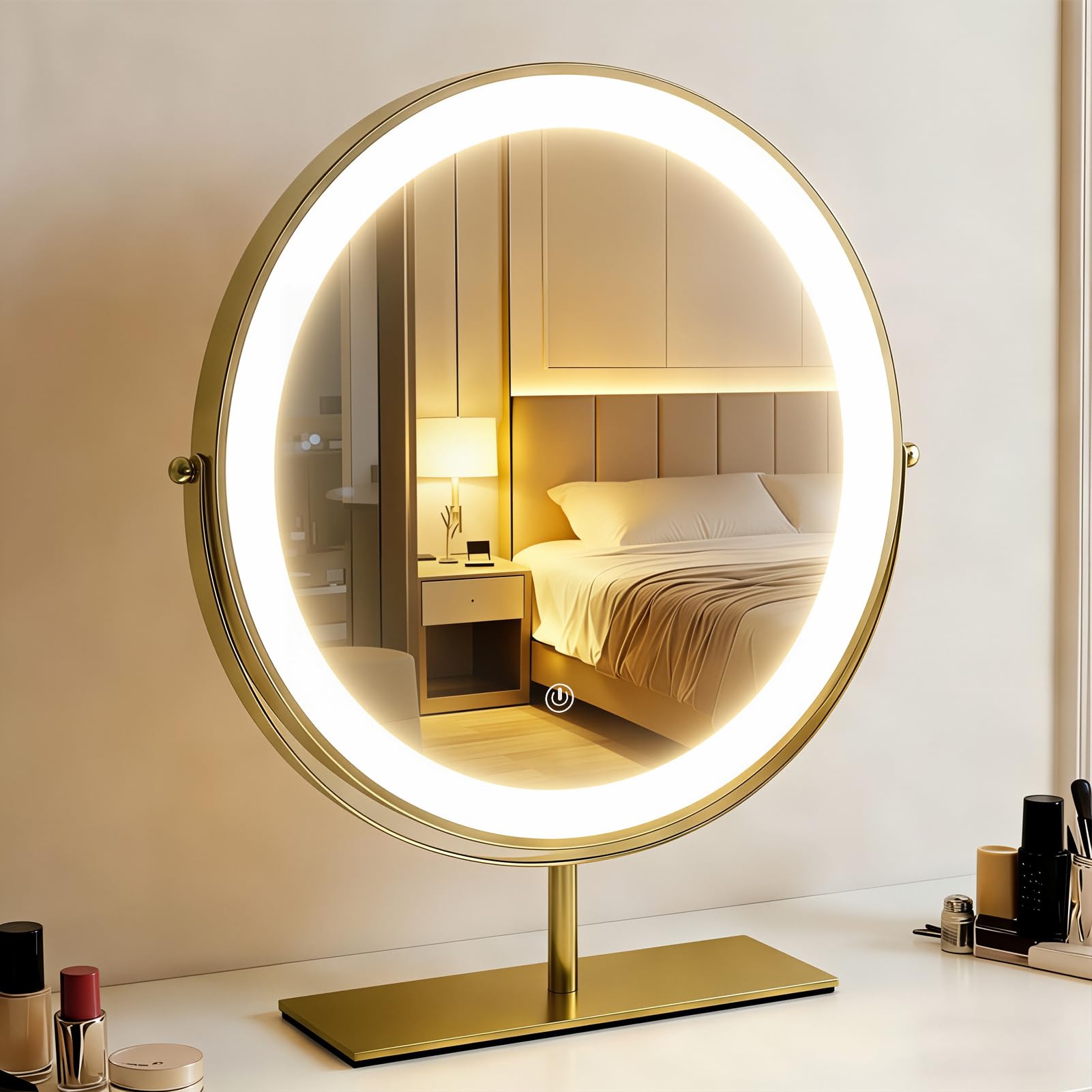 Kosmetikspiegel mit Lichtern, rund, beleuchteter Make-up-Spiegel, hochauflösender, beleuchteter Spiegel für Schlafzimmer, Touch-Steuerung, 3 Farben, dimmbar, 360° drehbar, goldfarben, 40,1 cm