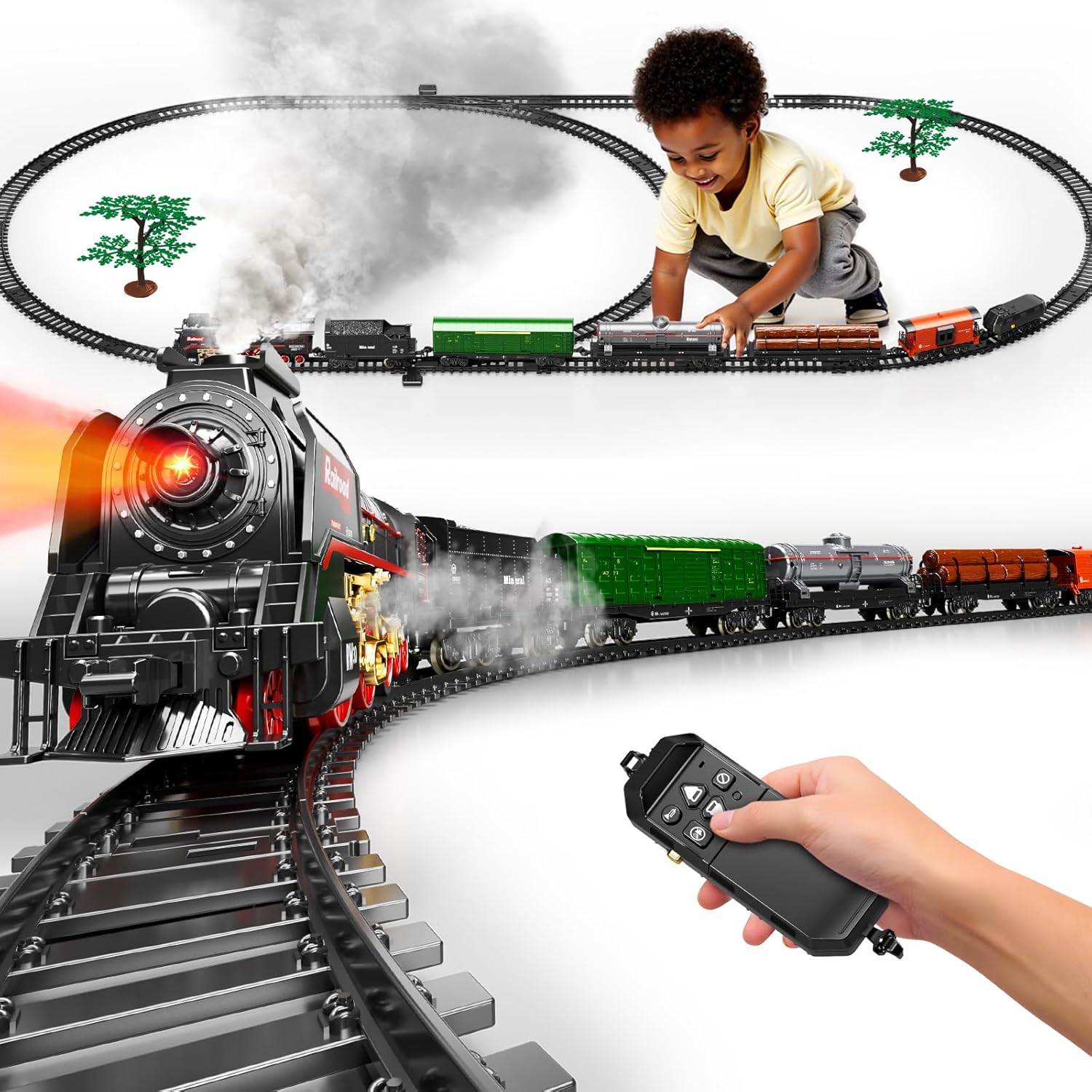 Pupu Pig Model Train Set, Remote Control Train Toys with 3Way Smoke Locomotive, 5 Train Cars, Luxury Track Kit, Authentic Train Sounds & Lights, Rechargeable Battery, Top Present for Train Lovers