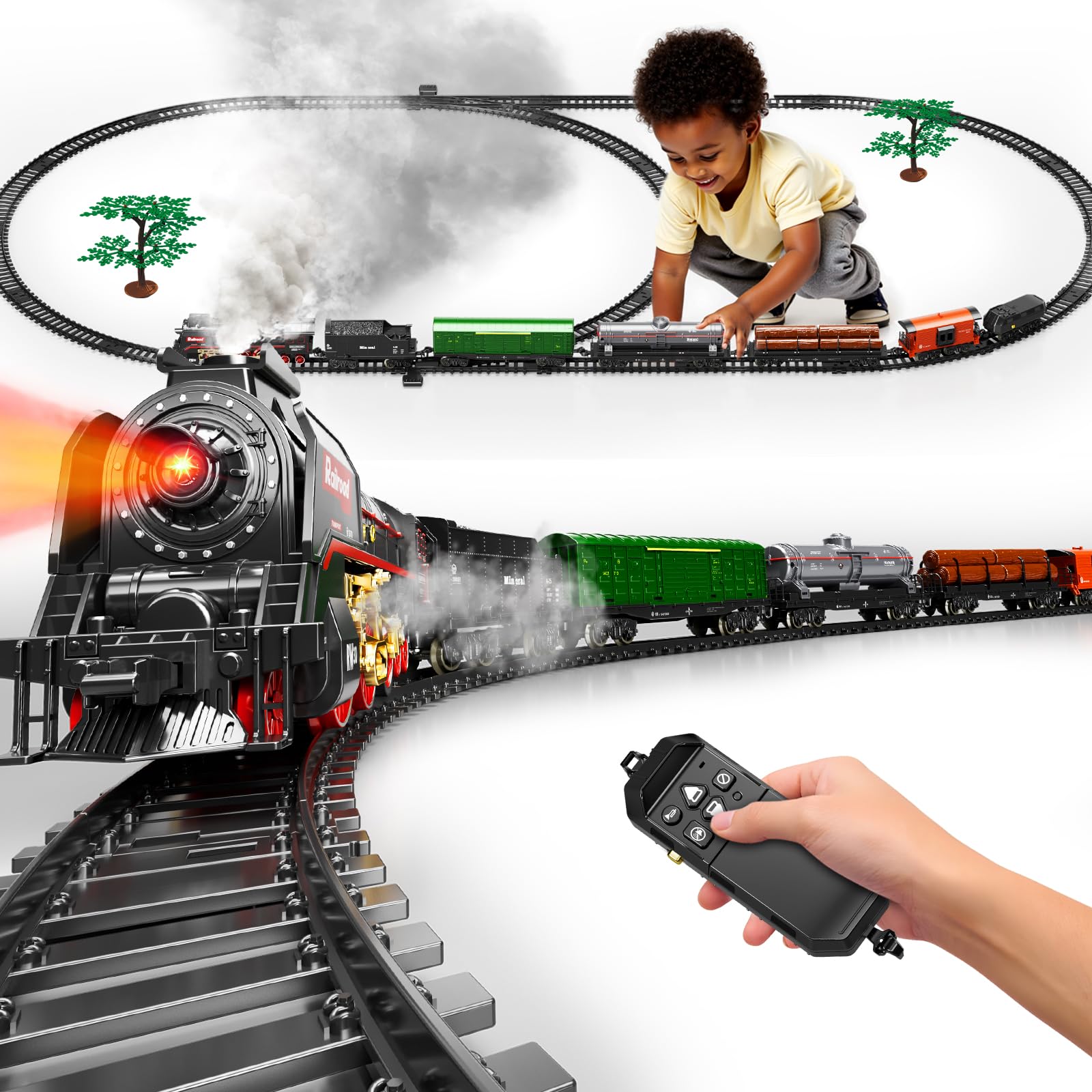 Pupu Pig Model Train Set, Remote Control Train Toys with 3-Way Smoke Locomotive, 5 Train Cars, Luxury Track Kit