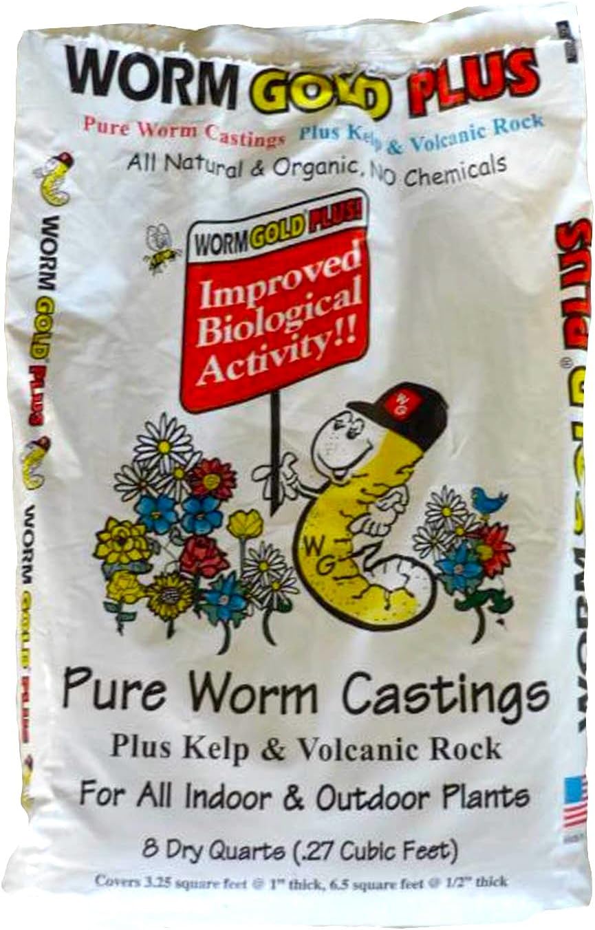 Worm Gold Plus 100% Organic Worm Castings 8qt (Approx 13lbs) Bag Size - Improves Soil Vitality Plant Yields & Roots