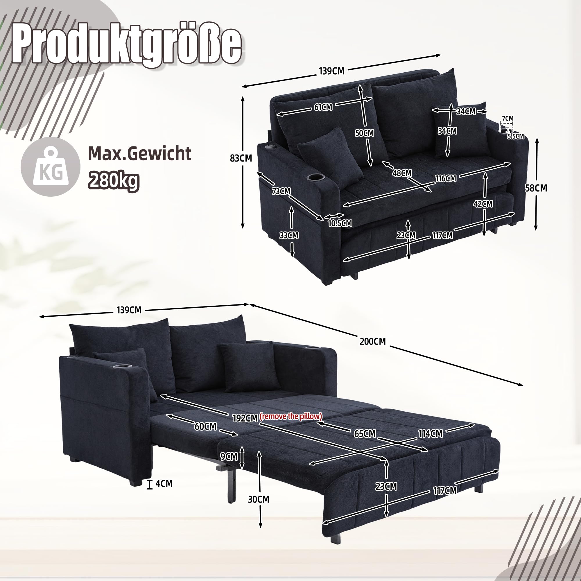 Sofá de dos plazas con función de dormir, sofá cama extensible, sofá plegable multifuncional, con bolsa de almacenamiento, portavasos y 4 cojines, sofás pequeños para espacios pequeños, color negro