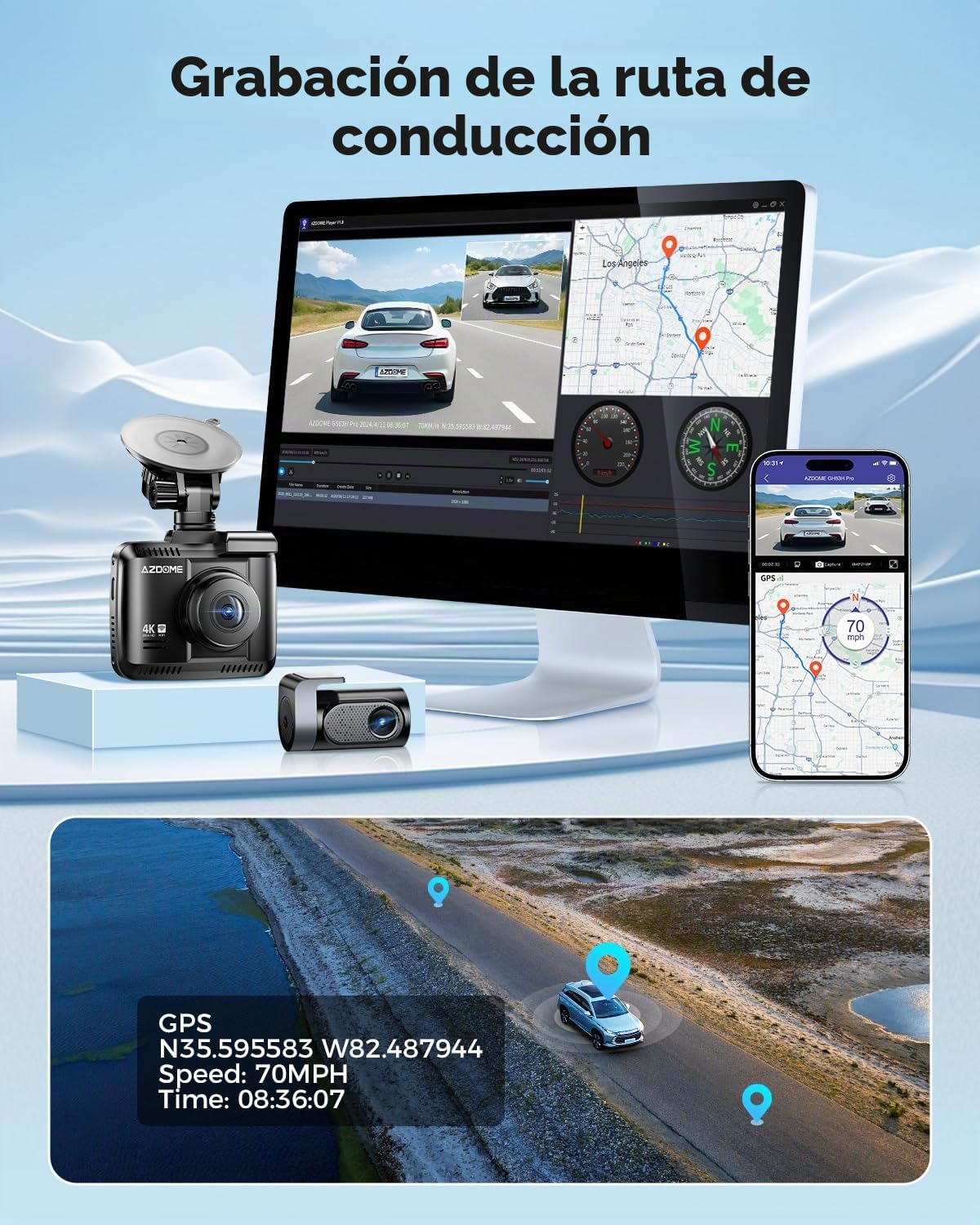 AZDOME Dashcam Cámara Coche 4K+1080P, WiFi &GPS, 2.4' IPS Dash CAM Coche con Tarjeta SD de 64GB,Camara Coche Grabadora,170° Gran Angular,Visión Nocturn,WDR,Sensor G,Monitor de Aparcamiento