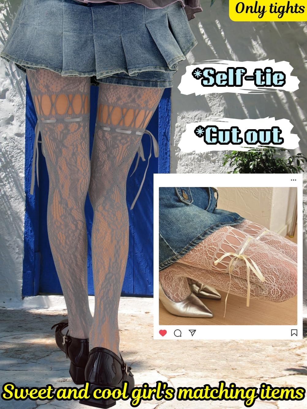 Lace Tights With Bows,Cute Floral Patterned Stockings For Women,Halloween Costume Sexy Goth Fishnets - Image 3