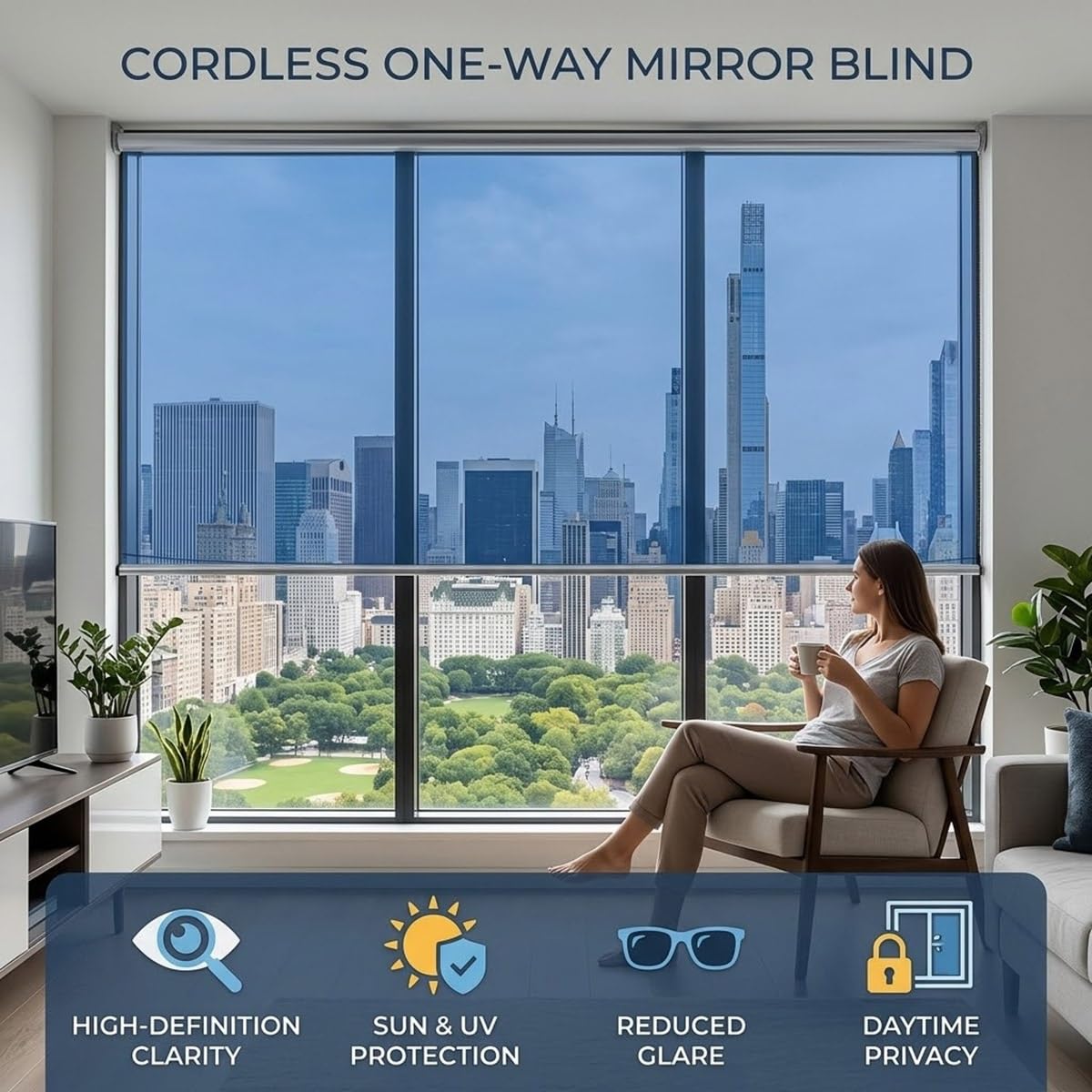 Store Enrouleur Miroir sans Tain, Store Occultant sans Perçage Anti Chaleur, Pare Soleil Fenetre Transparent Thermique Anti Regard pour Bureau Maison Balcon(Noir,W80xH200cm)