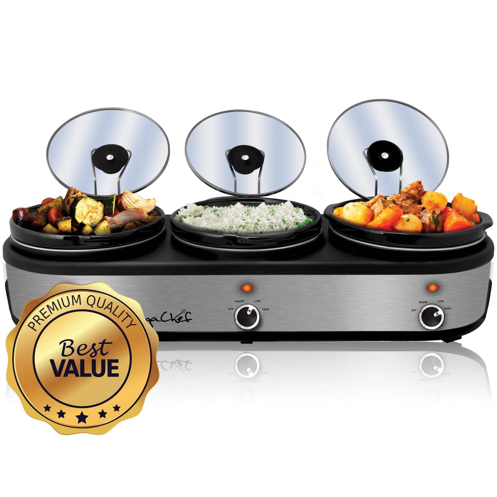 MegaChef Triple 2 5 Quart Slow Cooker and Buffet Server in Brushed Silver and Black Finish with 3