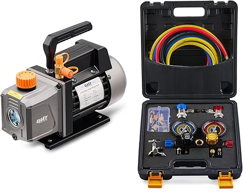 Orion Motor Tech Juego de manómetro de CA de 4 vías para refrigerante R410a R22 R134a y bomba de vacío HVAC de 1 etapa para sistemas R12 R22 R134a