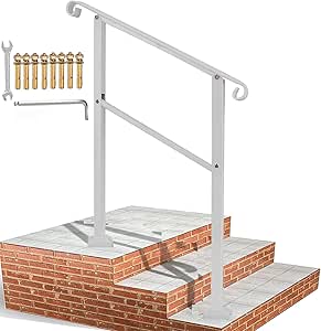 Metty metal Handrails for Outdoor Steps,2 Step Handrail Fits 1 to 2 Steps Mattle Wrought Iron Handrail Stair Rail,Transitional Handrail with Installation Kit,Black Hand Rails for Outdoor Steps(White)