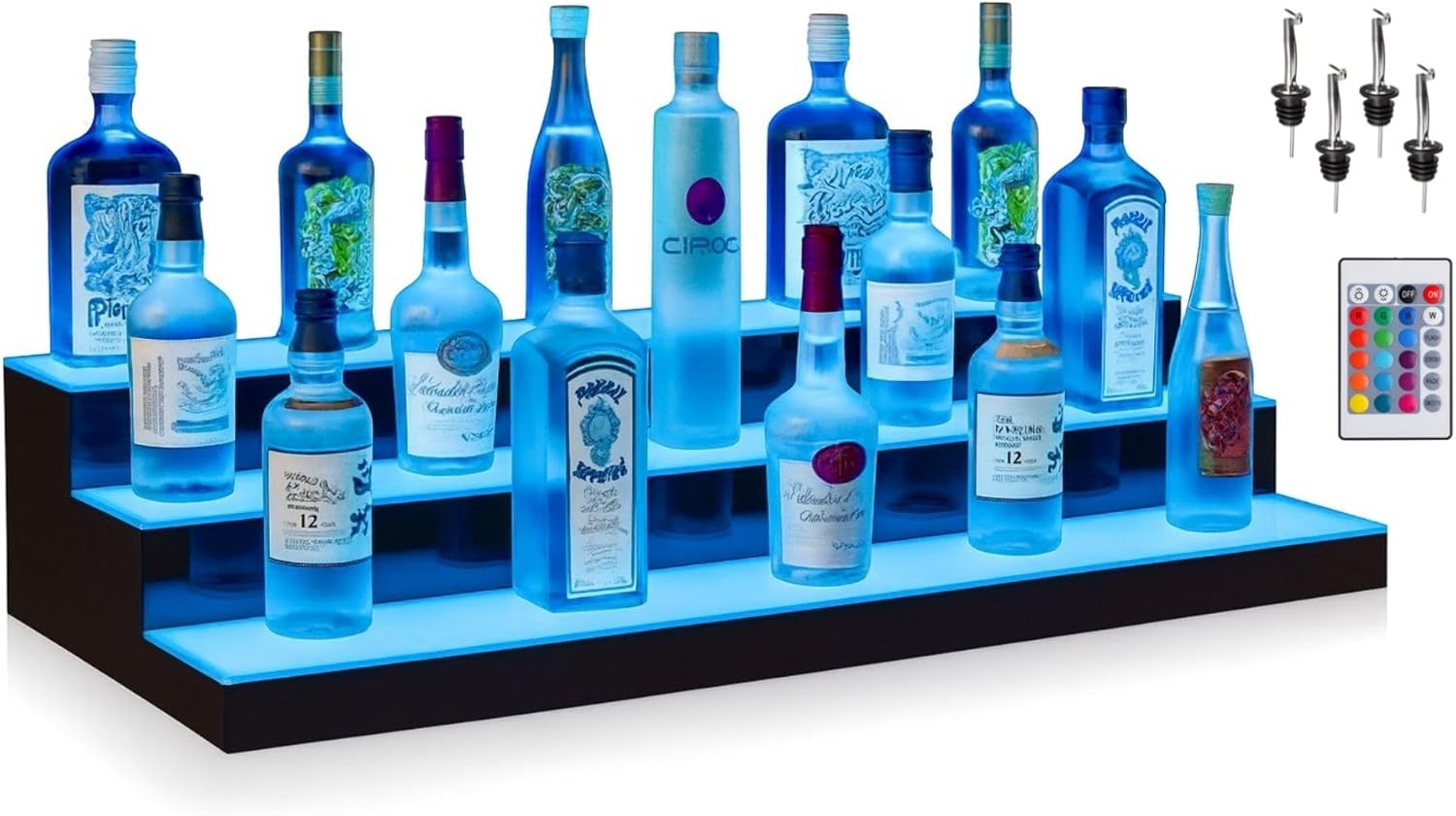 Boss Premium® BarUSA™ LED Lighted Bar Shelf Display Liquor Bottle Alcohol Whiskey Shelves Rack Stand Tray Units for Home Bar Living Room Accessories and Decor - Designed in USA (3-Step, 28 Inch) Acrylic 3-Step, 28 Inch