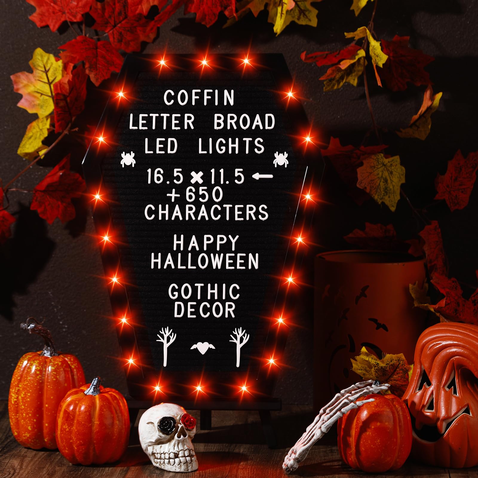 Sintuff Tablero de letras de ataúd con soporte, luces LED integradas, 620 caracteres, patrón de estilo de Halloween, decoración gótica para el hogar, oficina, bistró y escuela (luz LED naranja)