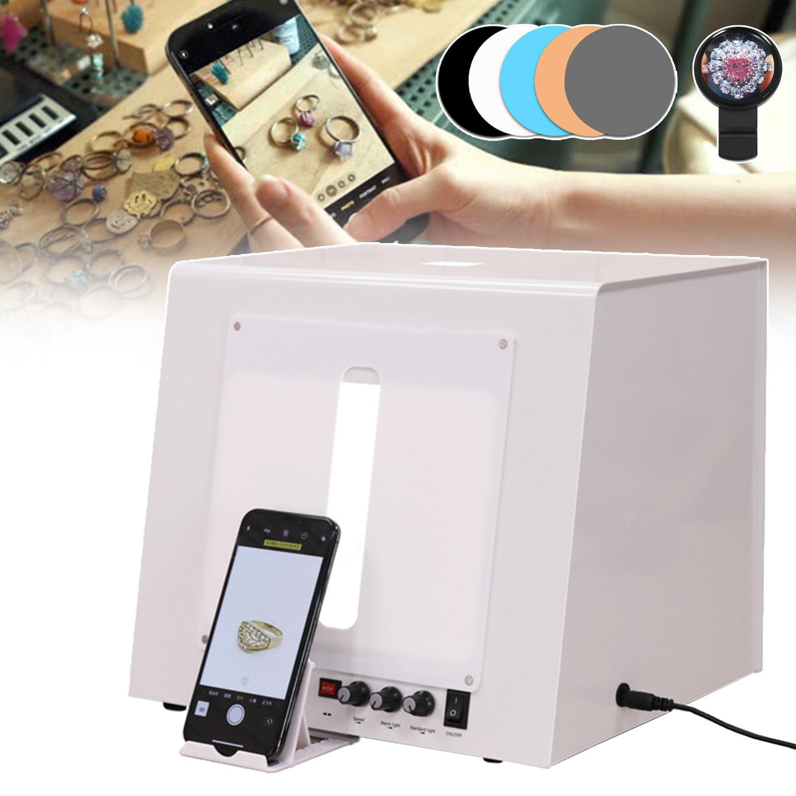 Schmuckfotografie-Studio-Leuchtkasten mit Einstellbarer Helligkeit,Schmuckshooting-Zelt-Softbox mit elektrischem Drehteller und Aufhängehalterung,dimmbares Schmuckfotografie-Box (Tb20)