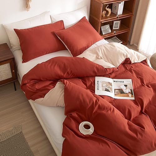 Miniatura 2 de Ruccit Juego de funda de edredón naranja quemada, tamaño Queen, matrimonial, reversible, beige, crema y terracota, juego de funda de edredón de