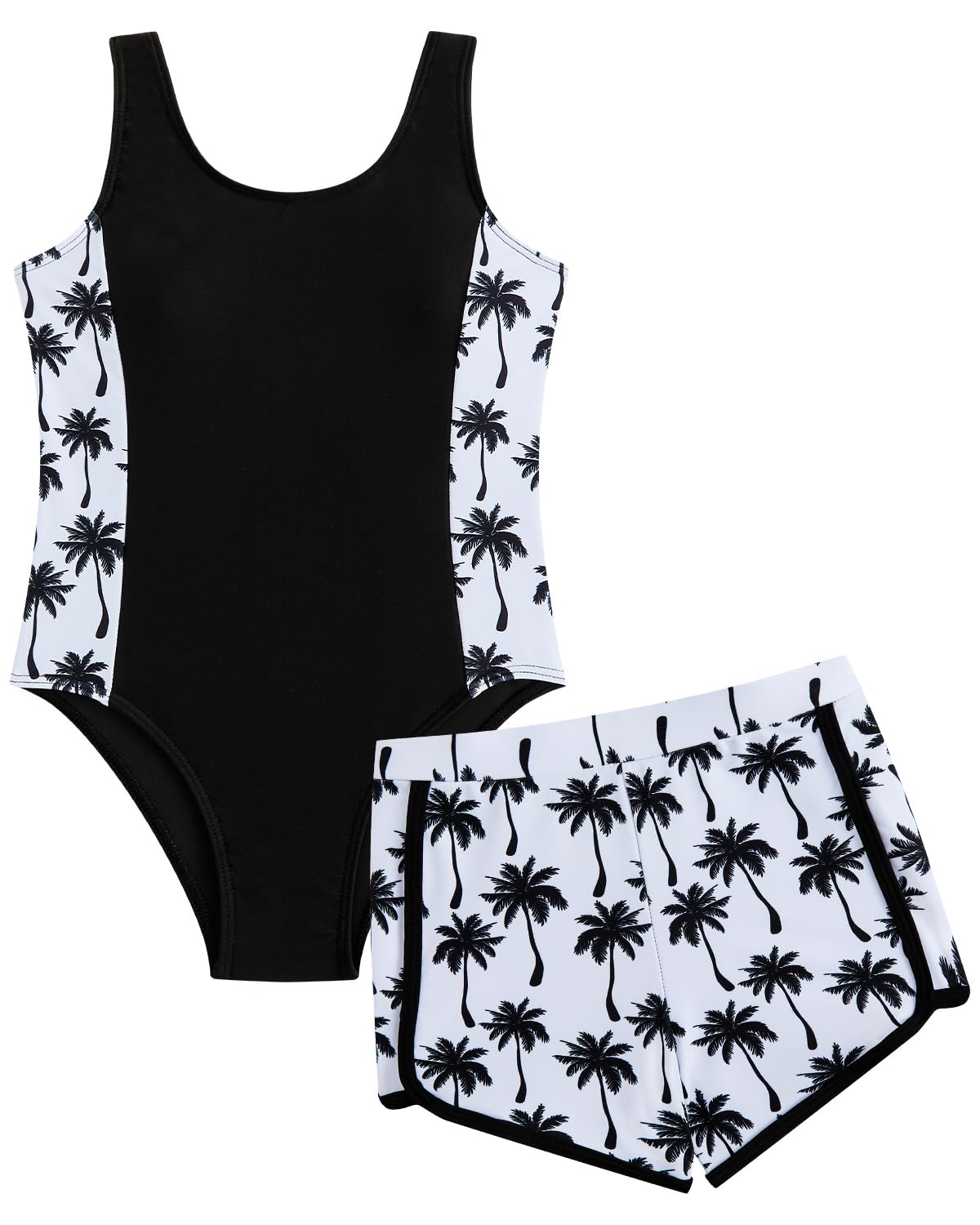WYTbaby Badeanzug Mädche Einteiler Uv Badebekleidung ärmellose Bademode mit Shorts Tropischer Druck für Mädchen 7-14 Jahre